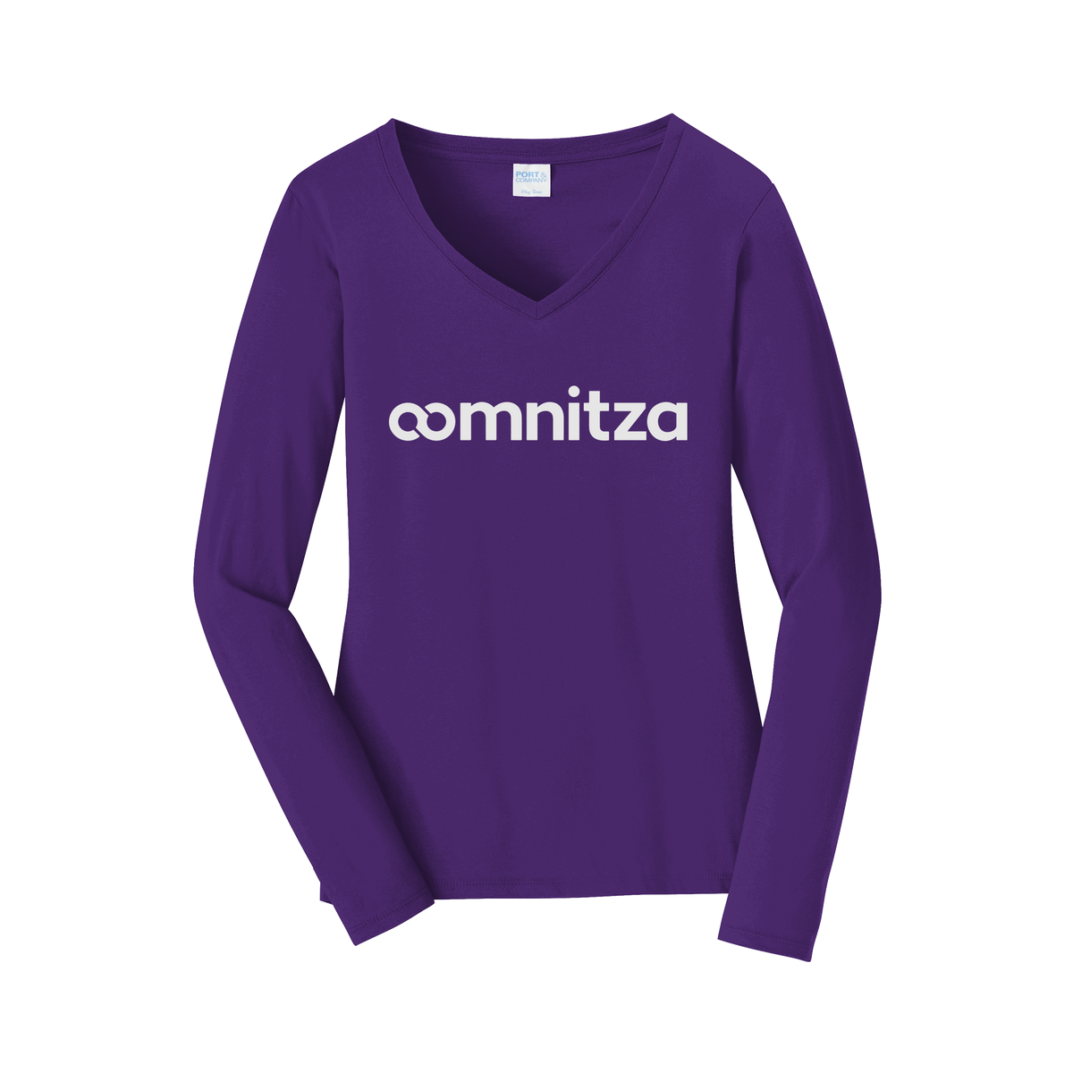 oomnitza-womens-long-sleeve-v-neck-dtf-front-LPC450VLS-teampurple-flat-front