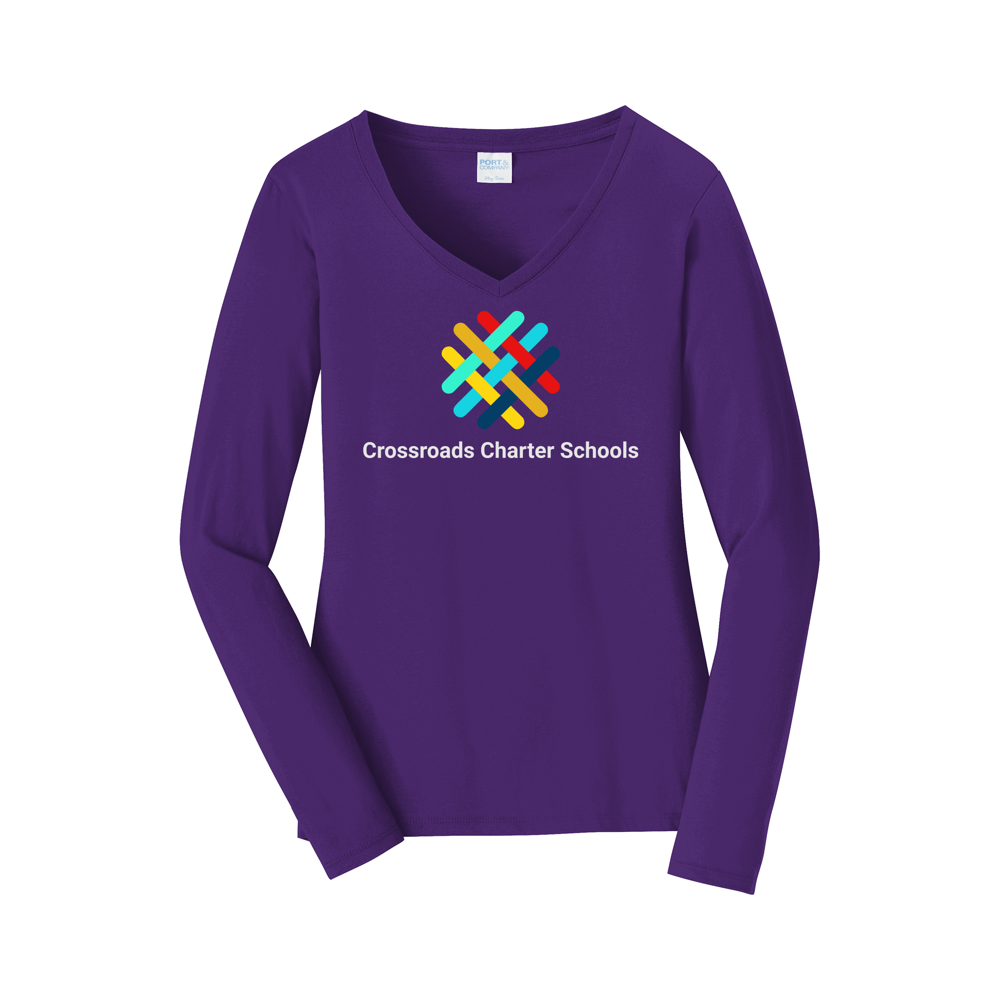 crossroadsschoolskc-womens-long-sleeve-v-neck-dtf-front-LPC450VLS-teampurple-flat-front