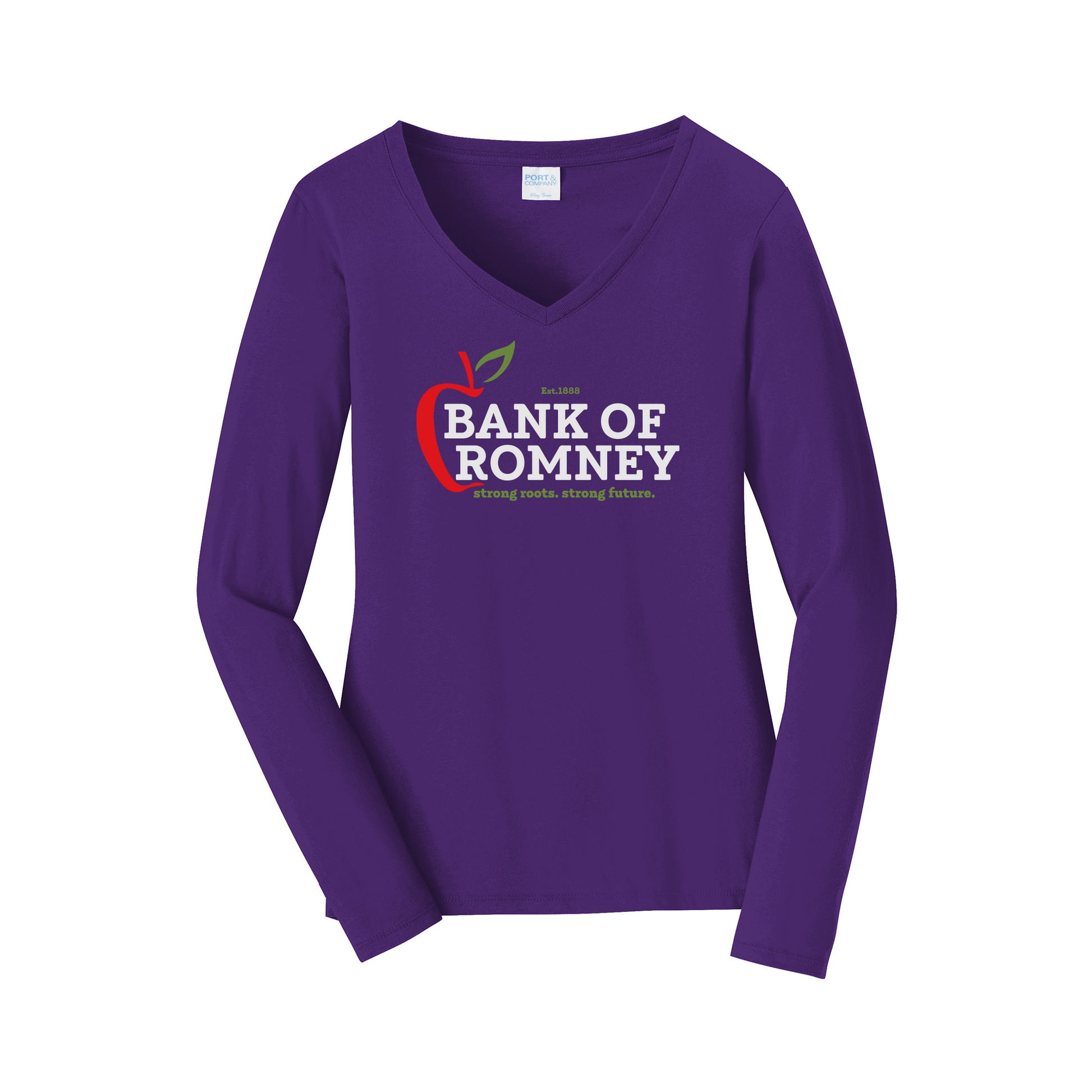 bankofromney-womens-long-sleeve-v-neck-dtf-front-LPC450VLS-teampurple-flat-front