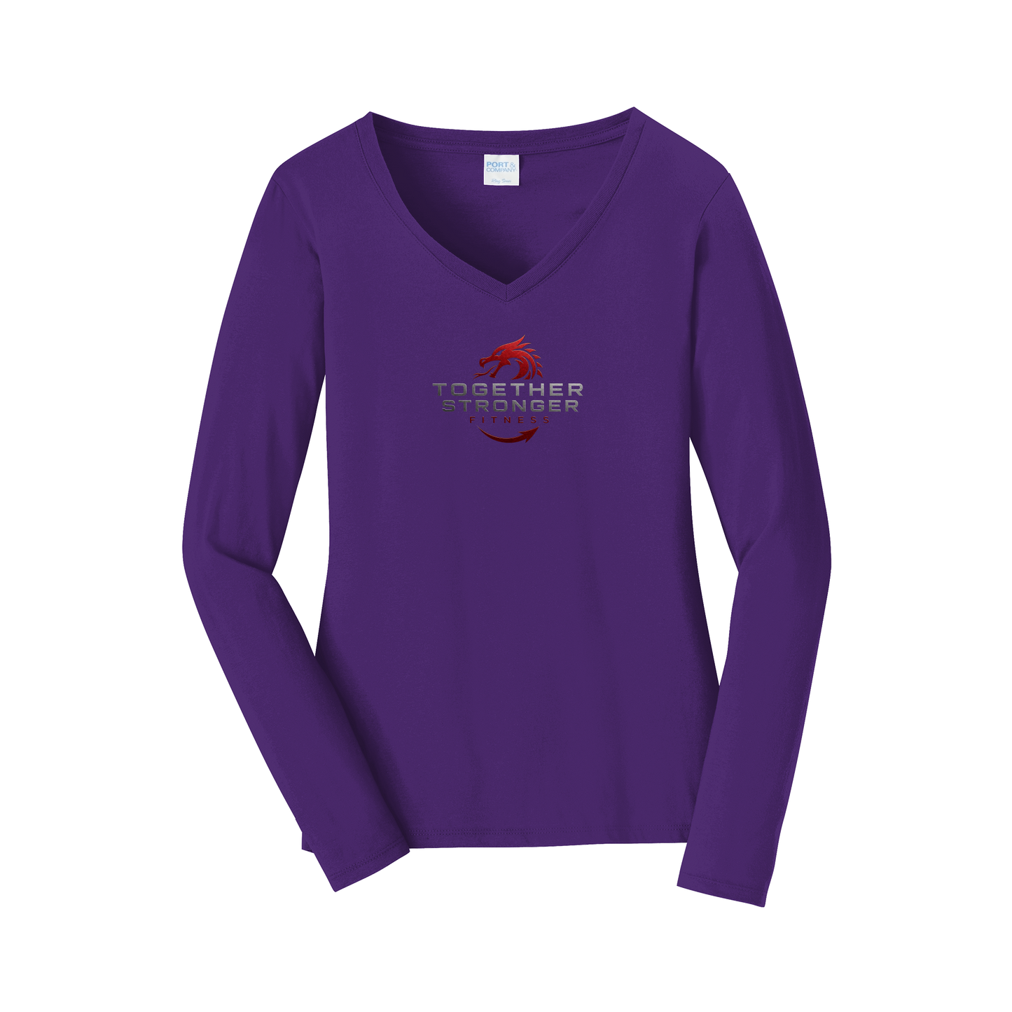 togetherstrongerfitness-womens-long-sleeve-v-neck-dtf-front-LPC450VLS-teampurple-flat-front