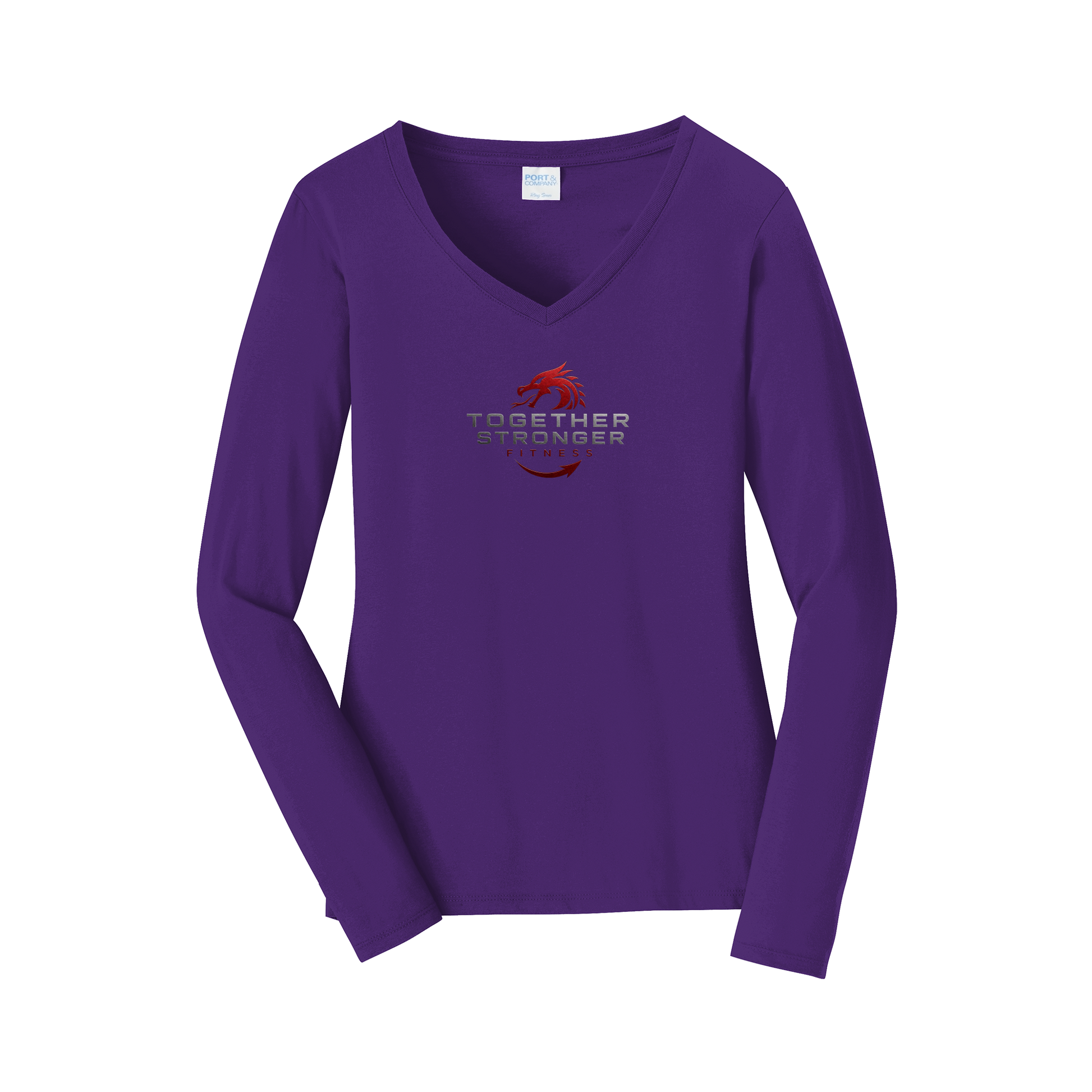 togetherstrongerfitness-womens-long-sleeve-v-neck-dtf-front-LPC450VLS-teampurple-flat-front