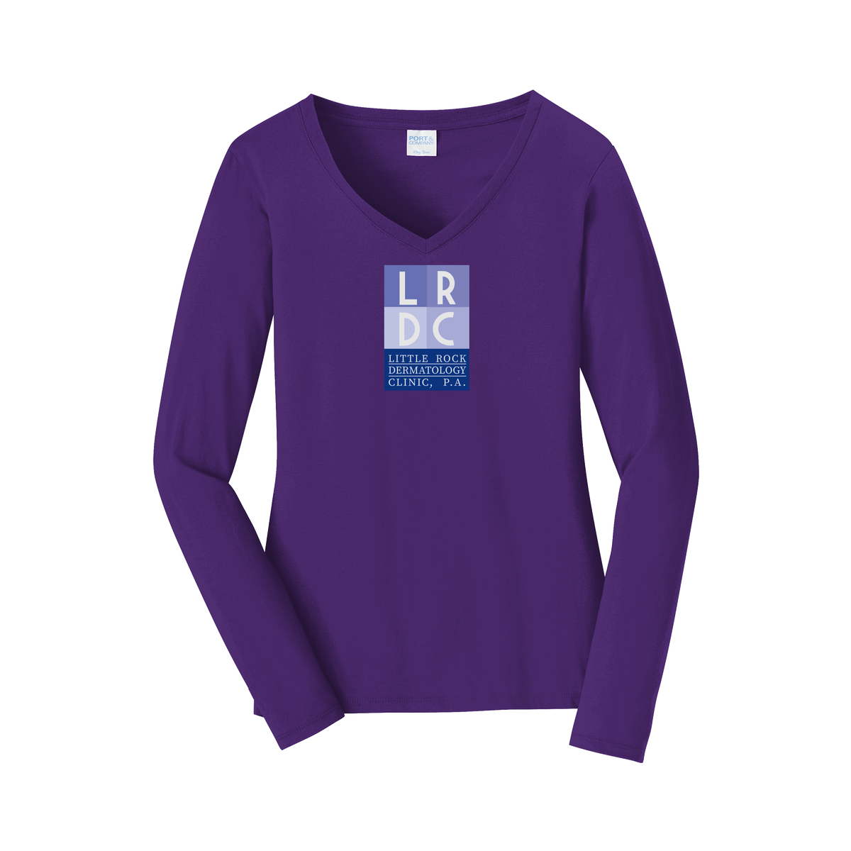littlerockdermatology-womens-long-sleeve-v-neck-dtf-front-LPC450VLS-teampurple-flat-front