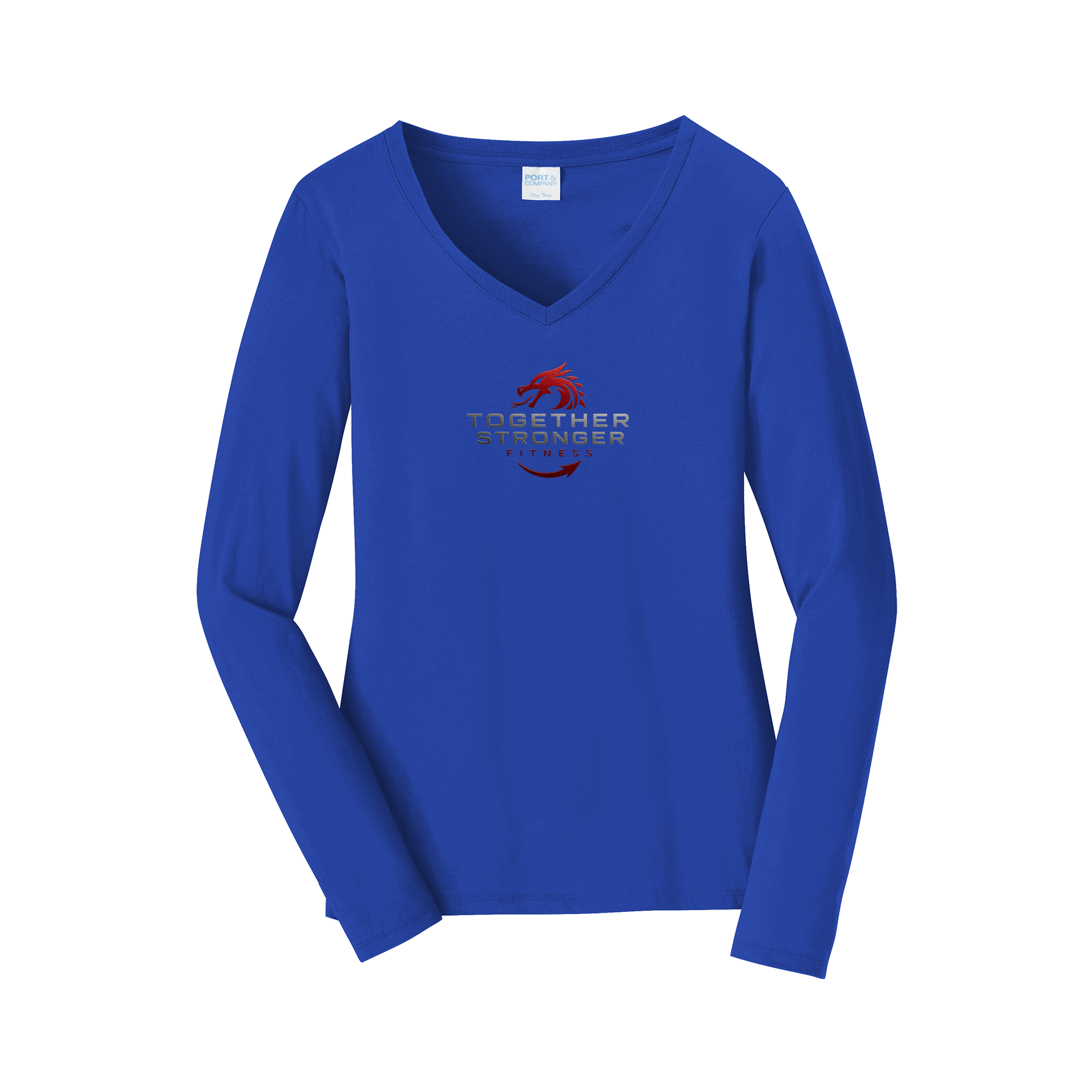 togetherstrongerfitness-womens-long-sleeve-v-neck-dtf-front-LPC450VLS-trueroyal-flat-front