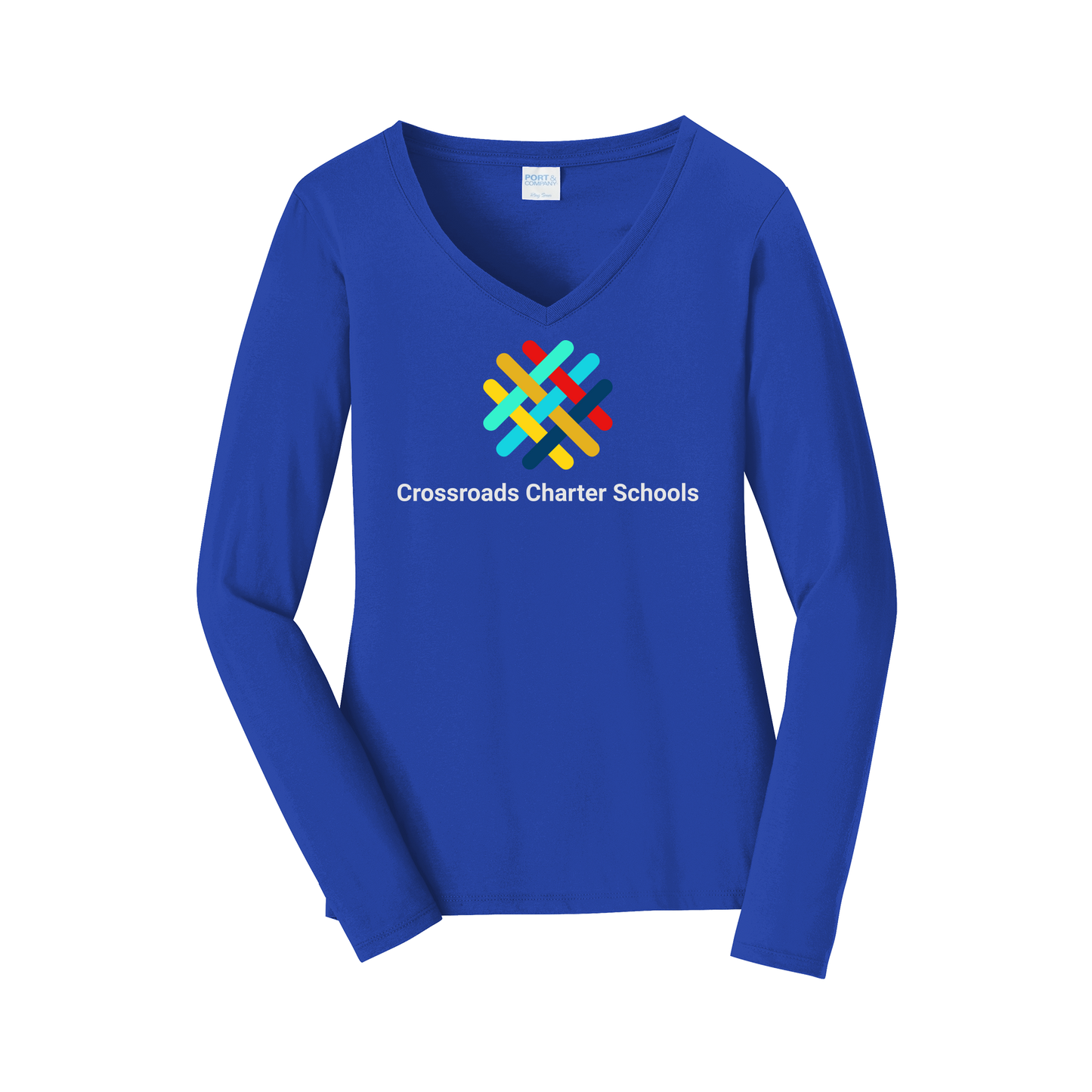 crossroadsschoolskc-womens-long-sleeve-v-neck-dtf-front-LPC450VLS-trueroyal-flat-front