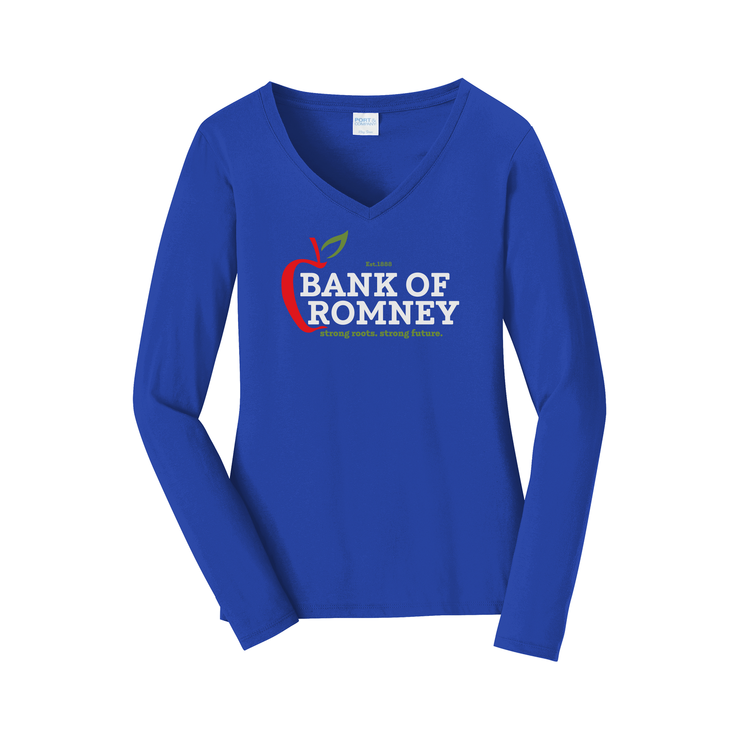 bankofromney-womens-long-sleeve-v-neck-dtf-front-LPC450VLS-trueroyal-flat-front