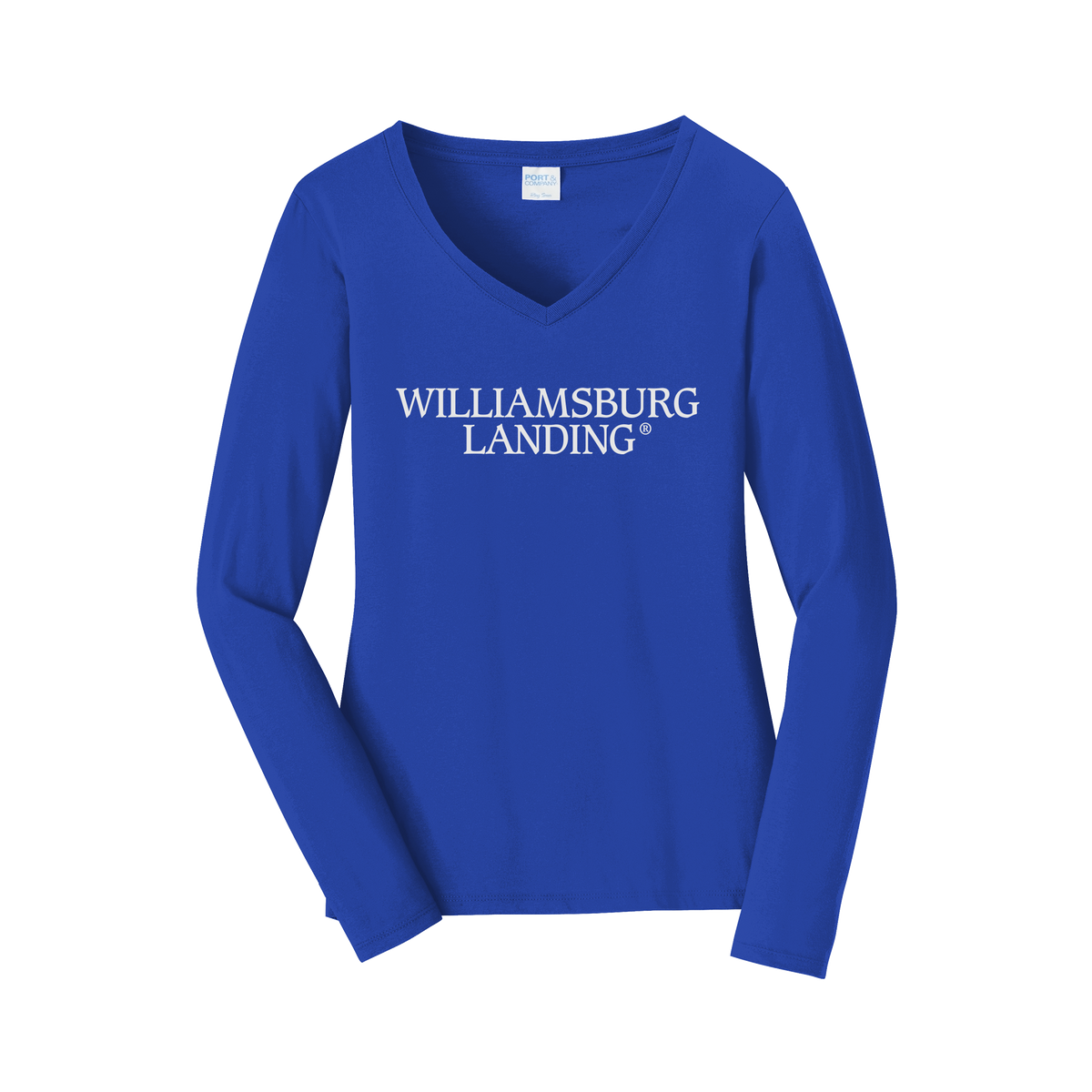 williamsburglanding-womens-long-sleeve-v-neck-dtf-front-LPC450VLS-trueroyal-flat-front