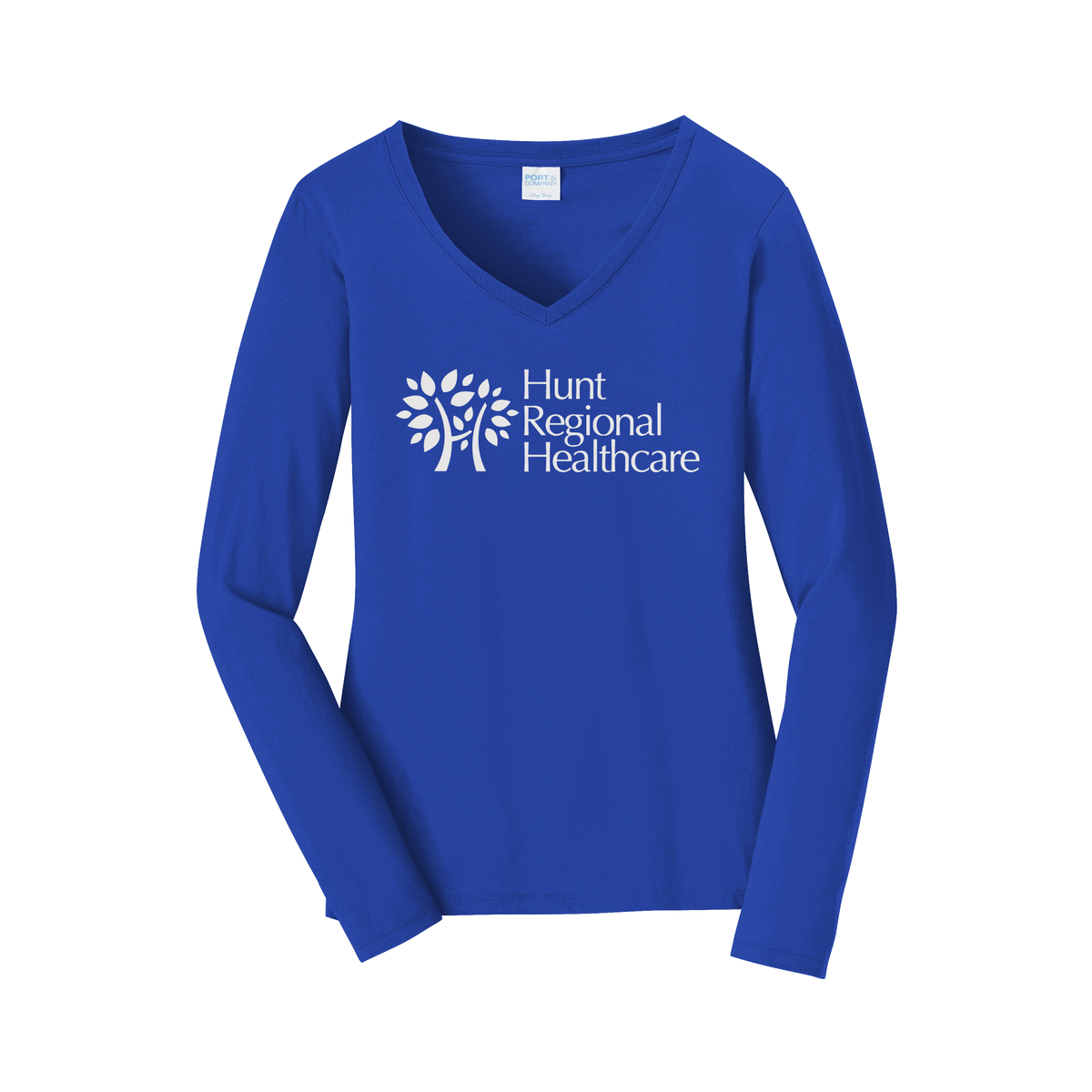 huntregional-womens-long-sleeve-v-neck-dtf-front-LPC450VLS-trueroyal-flat-front