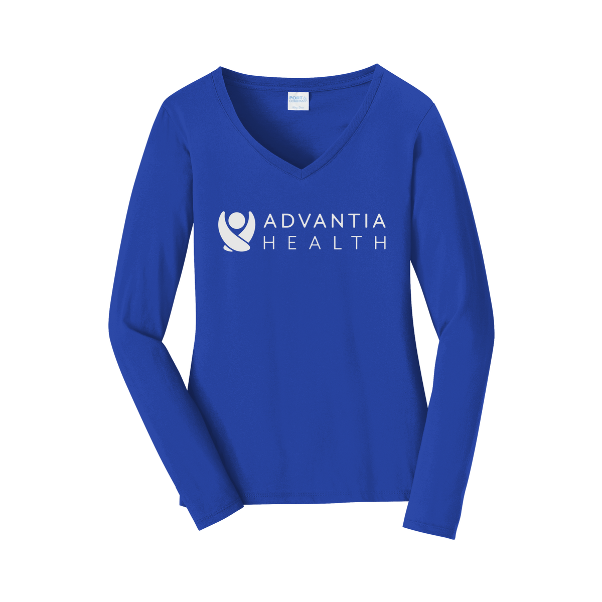 advantiahealth-womens-long-sleeve-v-neck-dtf-front-LPC450VLS-trueroyal-flat-front
