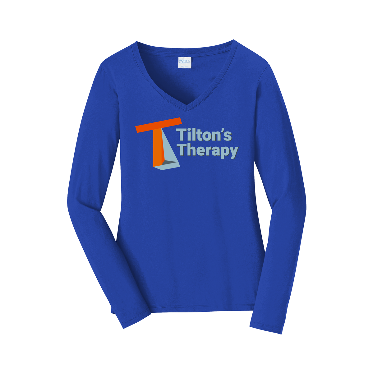 tiltonstherapy-womens-long-sleeve-v-neck-dtf-front-LPC450VLS-trueroyal-flat-front