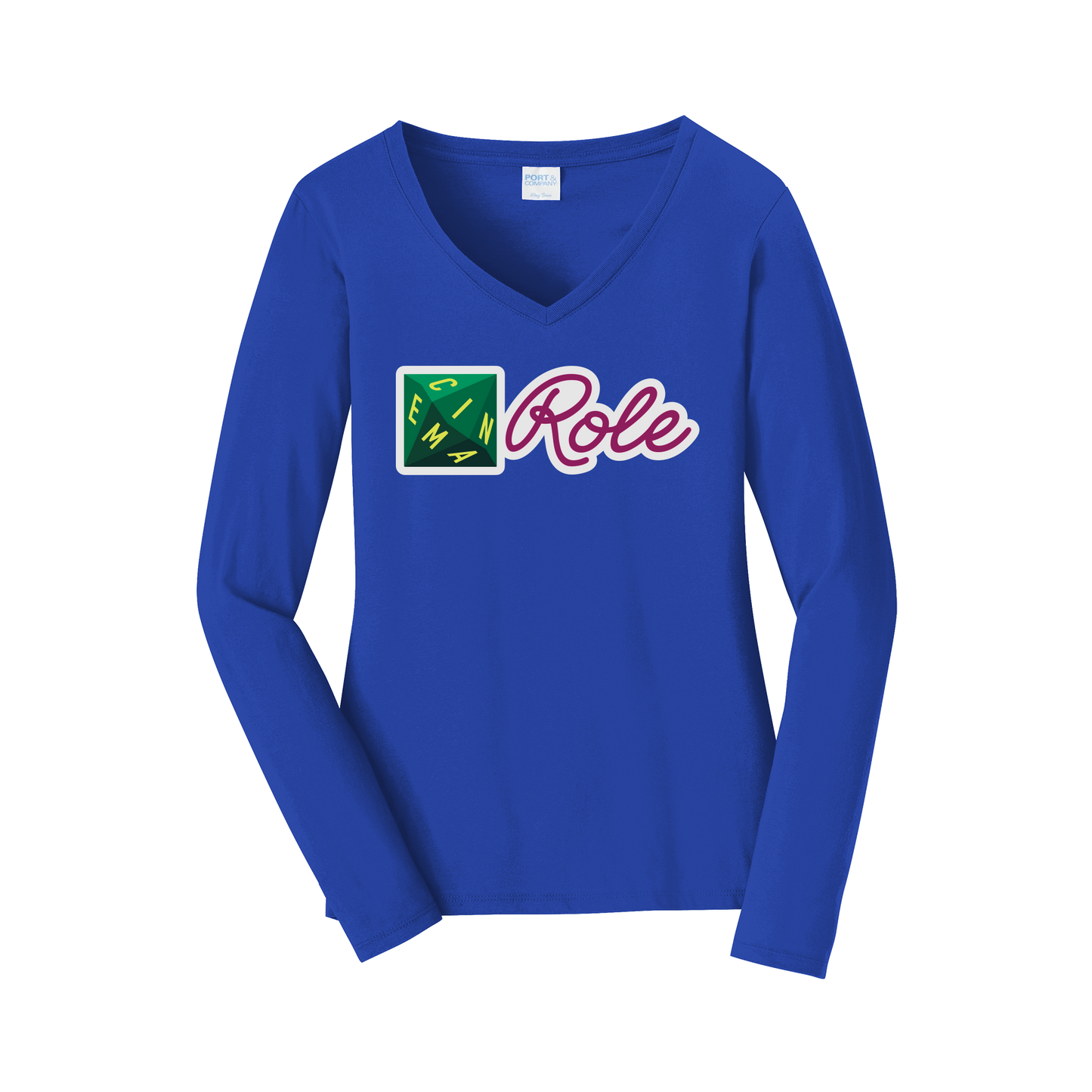 cinemarole-womens-long-sleeve-v-neck-dtf-front-LPC450VLS-trueroyal-flat-front
