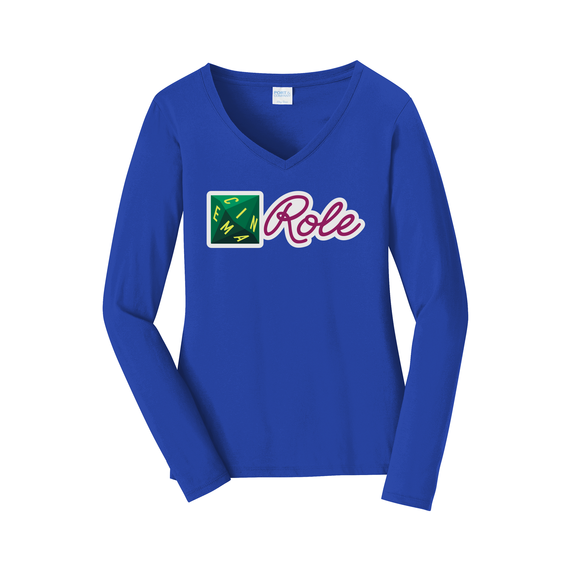 cinemarole-womens-long-sleeve-v-neck-dtf-front-LPC450VLS-trueroyal-flat-front