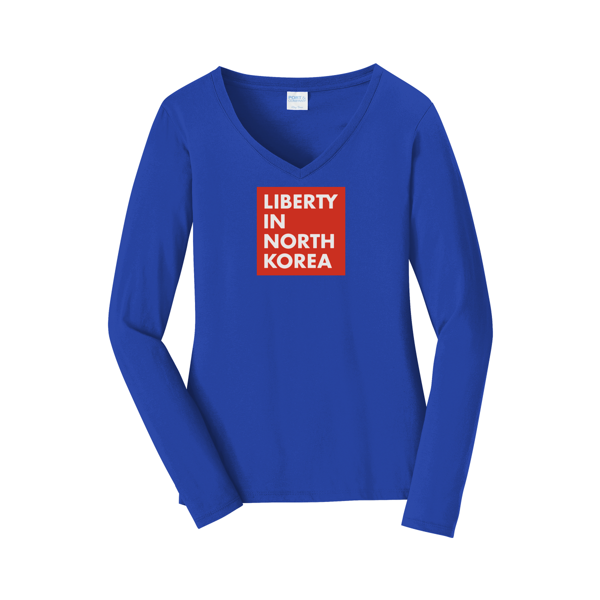 libertyinnorthkorea-womens-long-sleeve-v-neck-dtf-front-LPC450VLS-trueroyal-flat-front