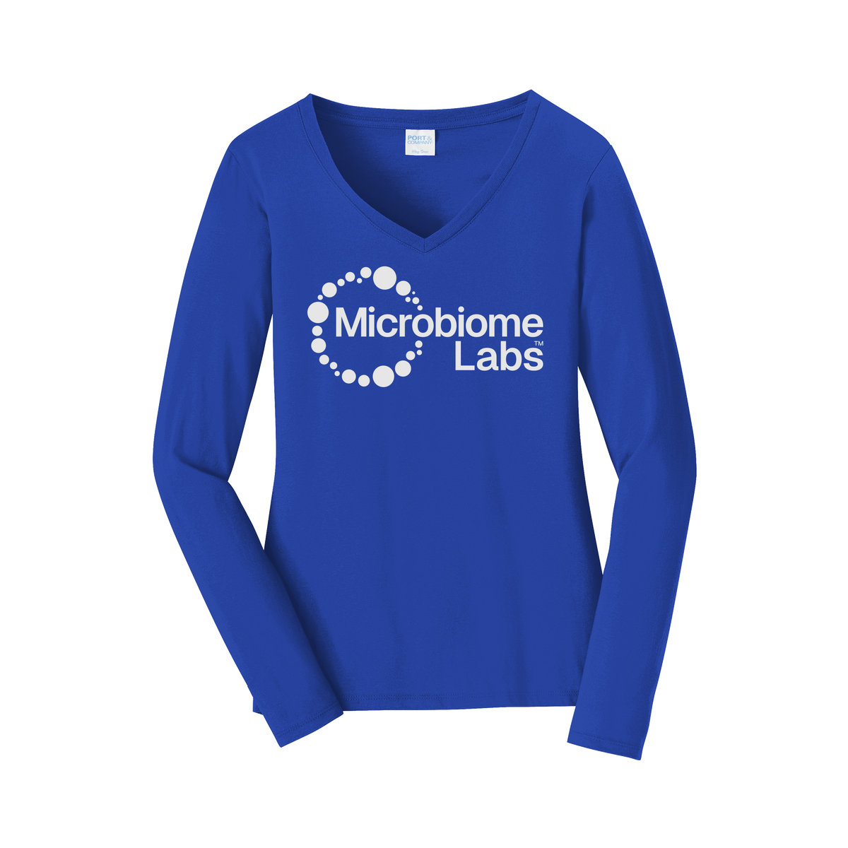 microbiomelabs-womens-long-sleeve-v-neck-dtf-front-LPC450VLS-trueroyal-flat-front