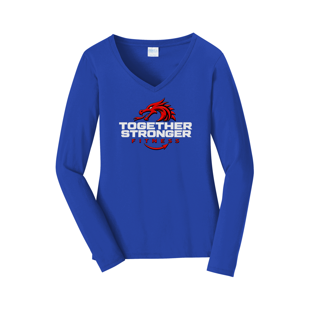 togetherstrongerfitness-womens-long-sleeve-v-neck-dtf-front-LPC450VLS-trueroyal-flat-front