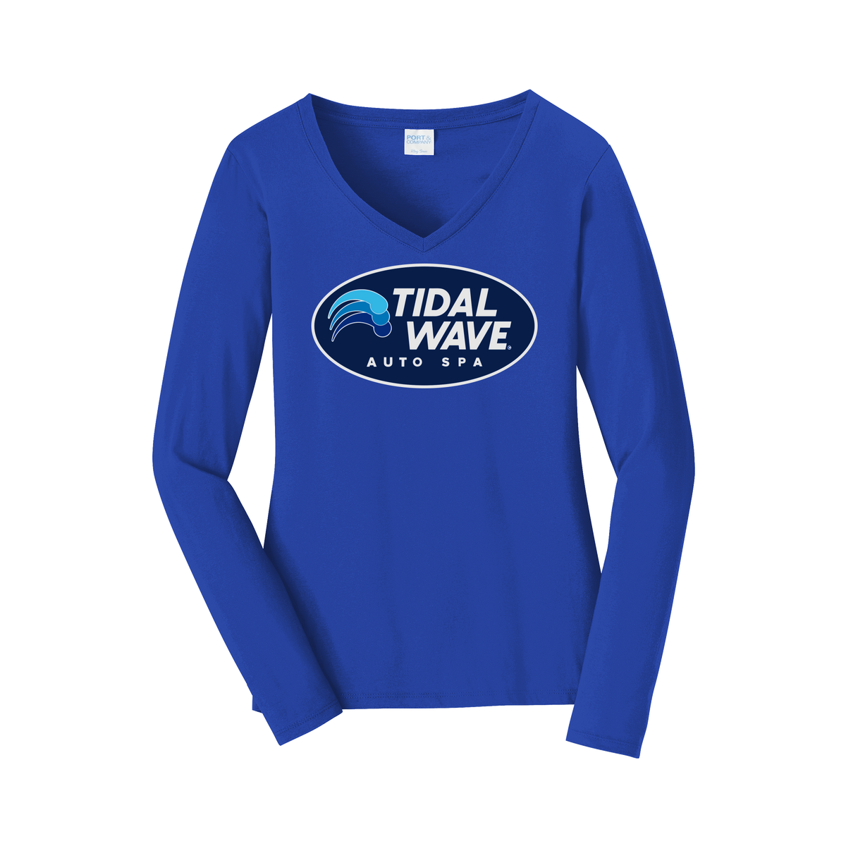 tidalwaveautospa-womens-long-sleeve-v-neck-dtf-front-LPC450VLS-trueroyal-flat-front