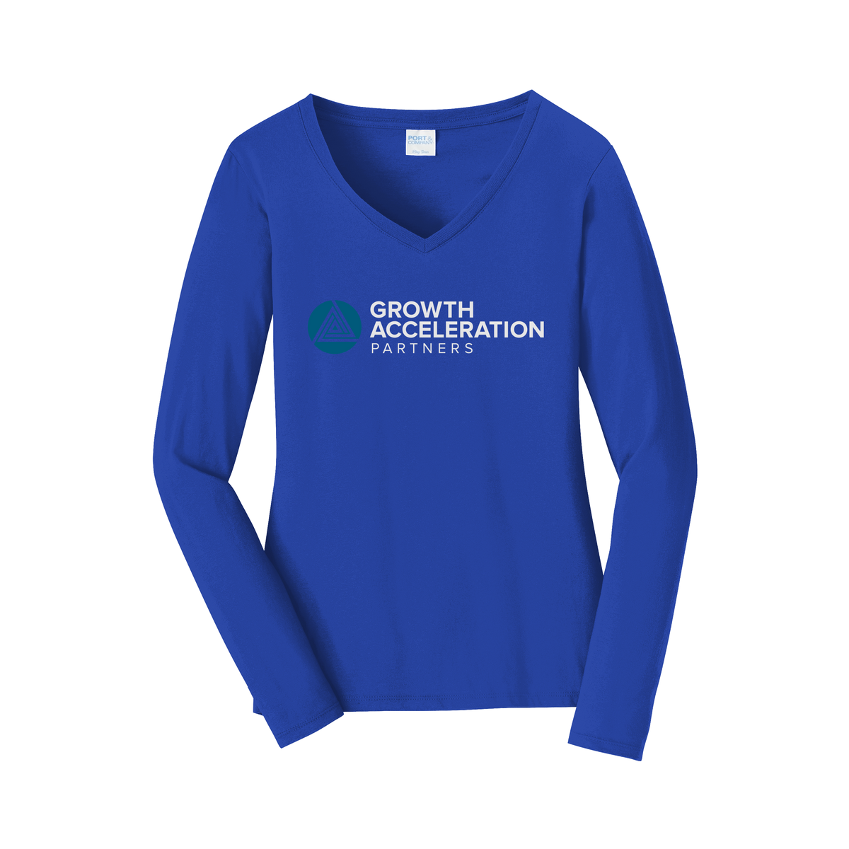 growthaccelerationpartners-womens-long-sleeve-v-neck-dtf-front-LPC450VLS-trueroyal-flat-front