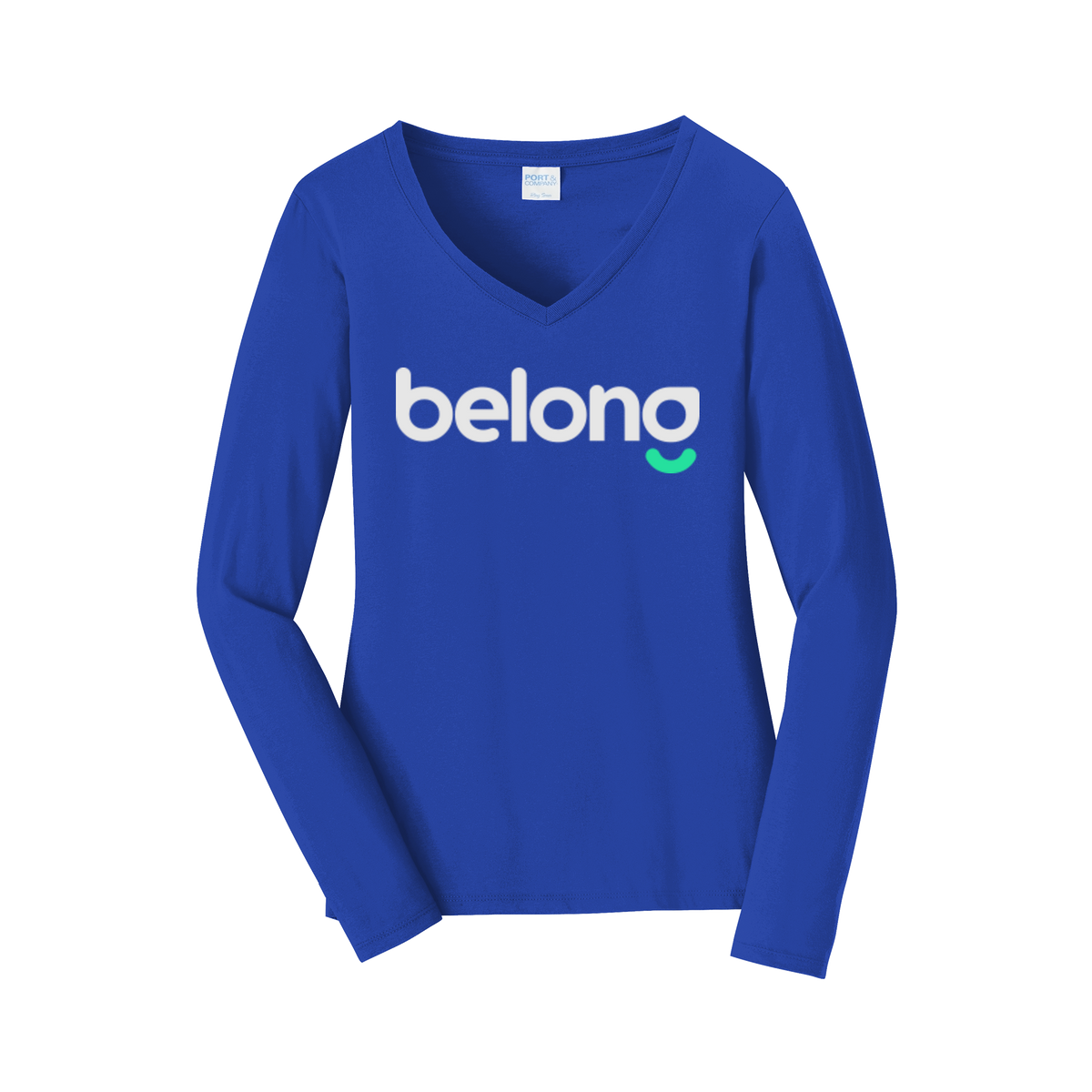 belonghome-womens-long-sleeve-v-neck-dtf-front-LPC450VLS-trueroyal-flat-front