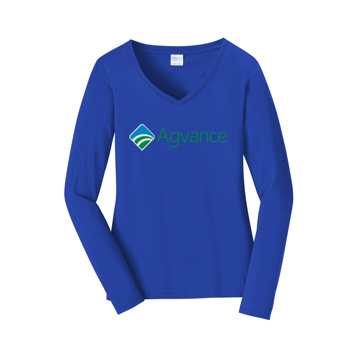 agvance-womens-long-sleeve-v-neck-dtf-front-LPC450VLS-trueroyal-flat-front