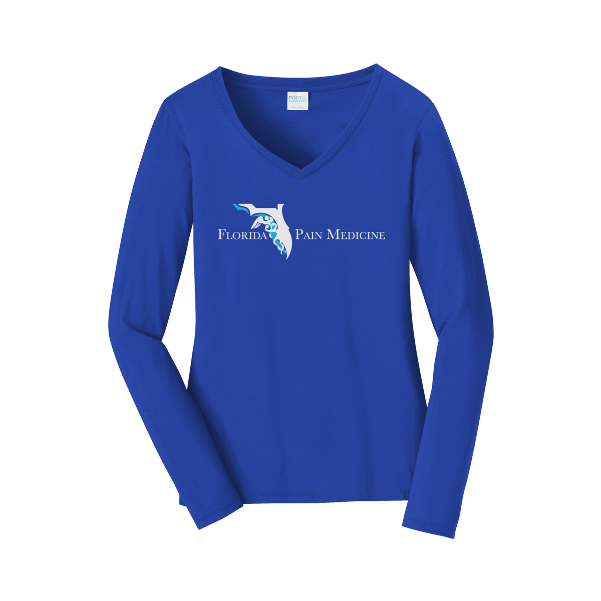 floridapainmedicine-womens-long-sleeve-v-neck-dtf-front-LPC450VLS-trueroyal-flat-front