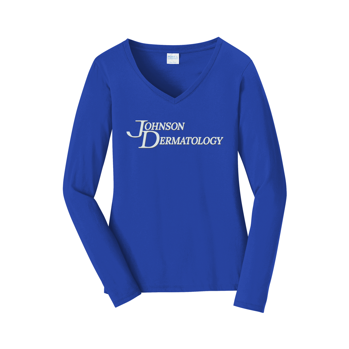 johnsondermatology-womens-long-sleeve-v-neck-dtf-front-LPC450VLS-trueroyal-flat-front