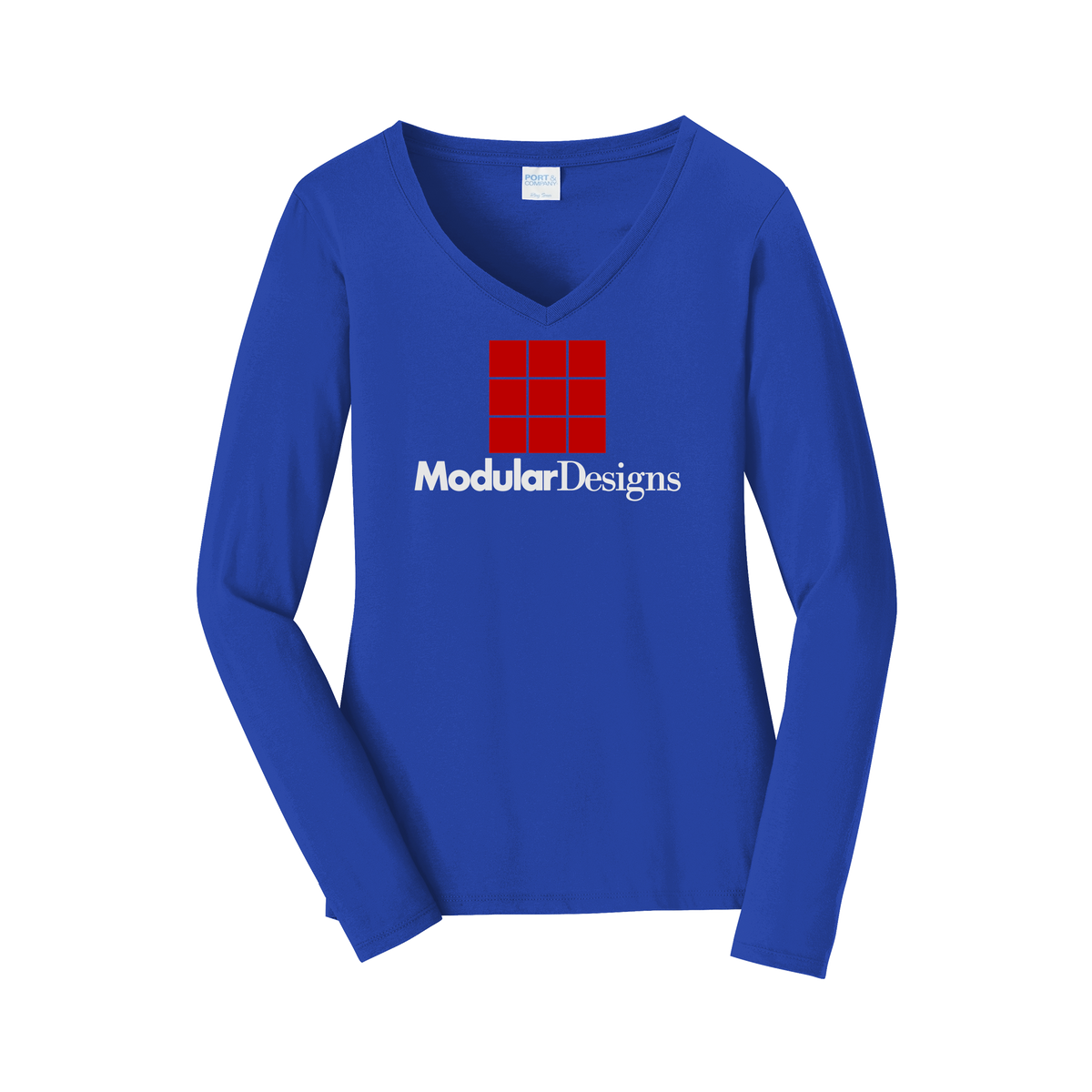 modulardesignsflooring-womens-long-sleeve-v-neck-dtf-front-LPC450VLS-trueroyal-flat-front