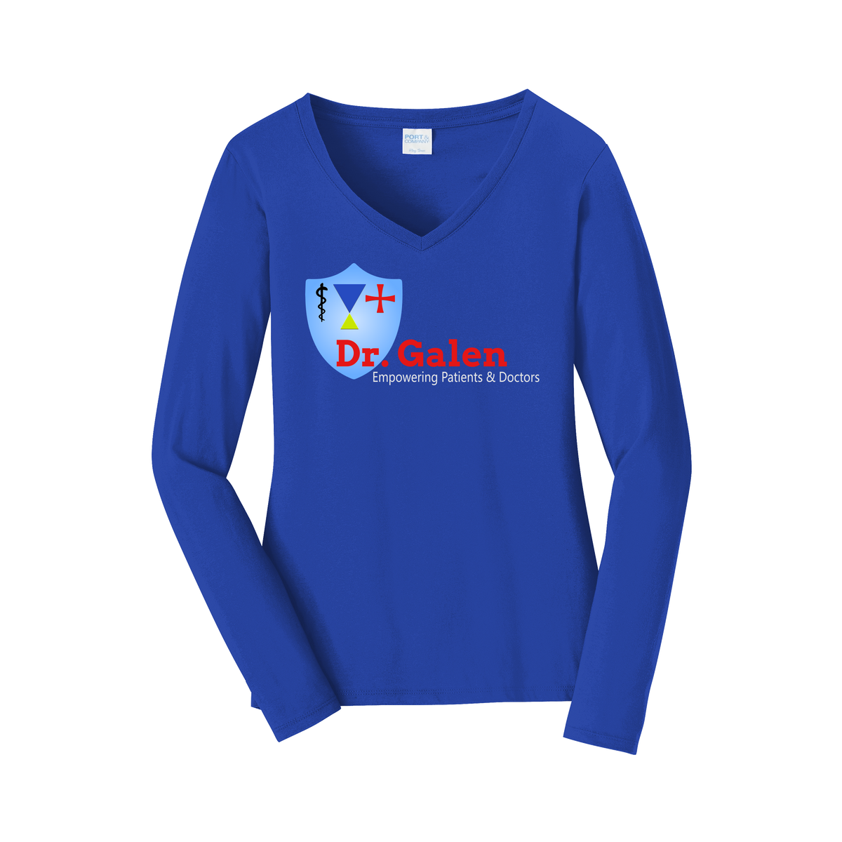 drgalen-womens-long-sleeve-v-neck-dtf-front-LPC450VLS-trueroyal-flat-front