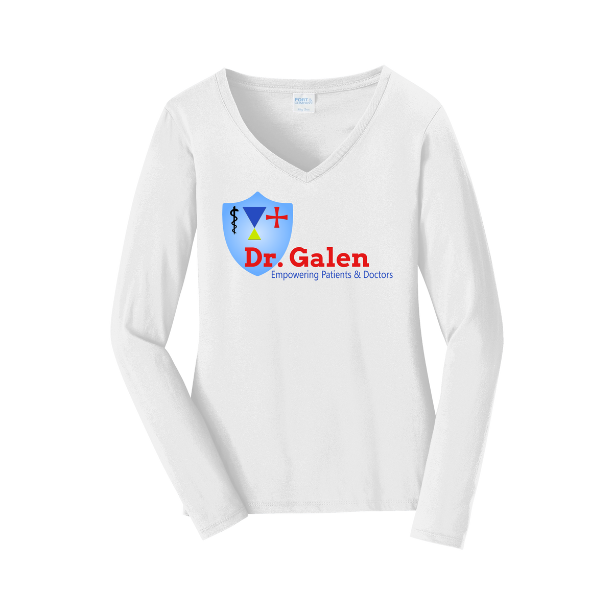 drgalen-womens-long-sleeve-v-neck-dtf-front-LPC450VLS-white-flat-front