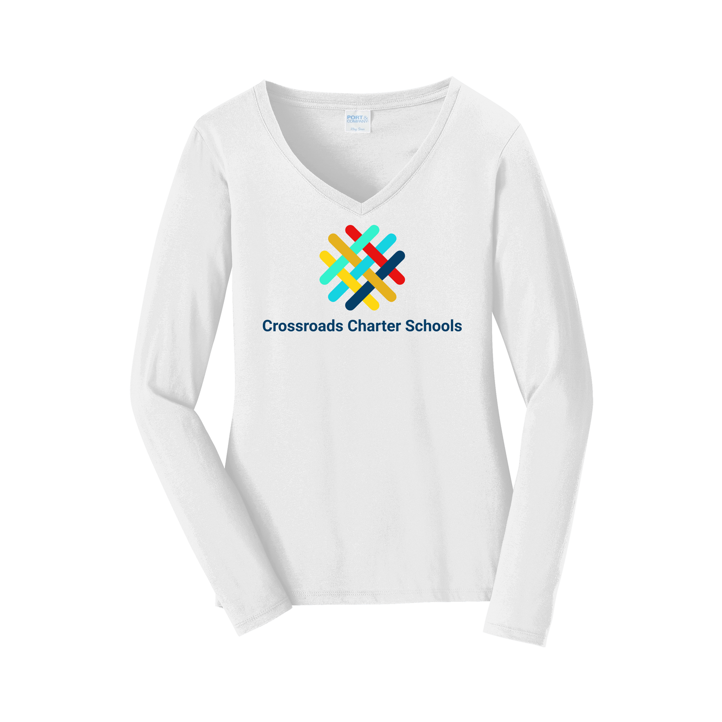 crossroadsschoolskc-womens-long-sleeve-v-neck-dtf-front-LPC450VLS-white-flat-front