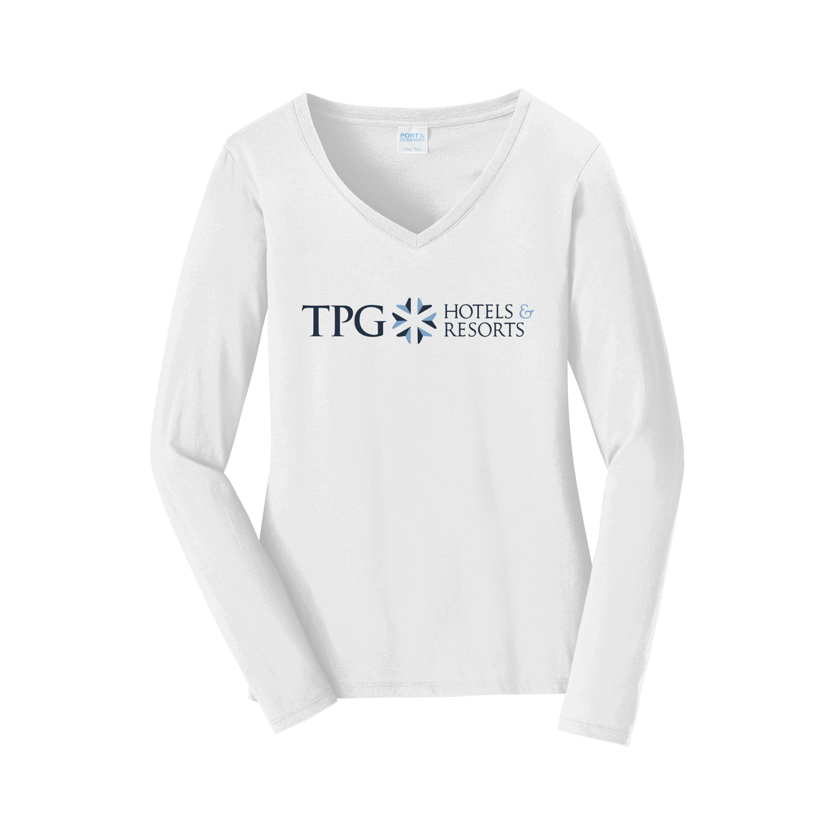 tpghotelsandresorts-womens-long-sleeve-v-neck-dtf-front-LPC450VLS-white-flat-front