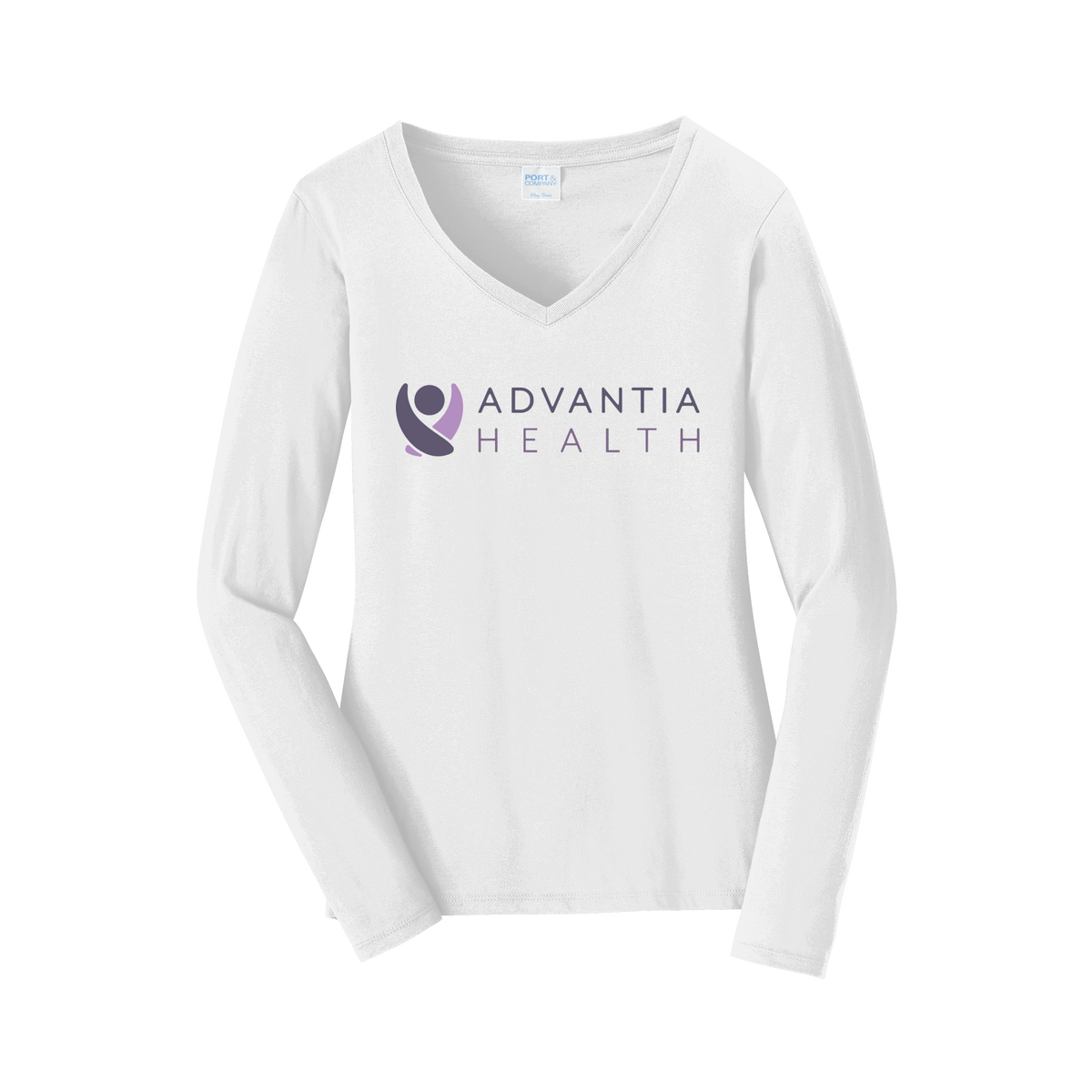 advantiahealth-womens-long-sleeve-v-neck-dtf-front-LPC450VLS-white-flat-front