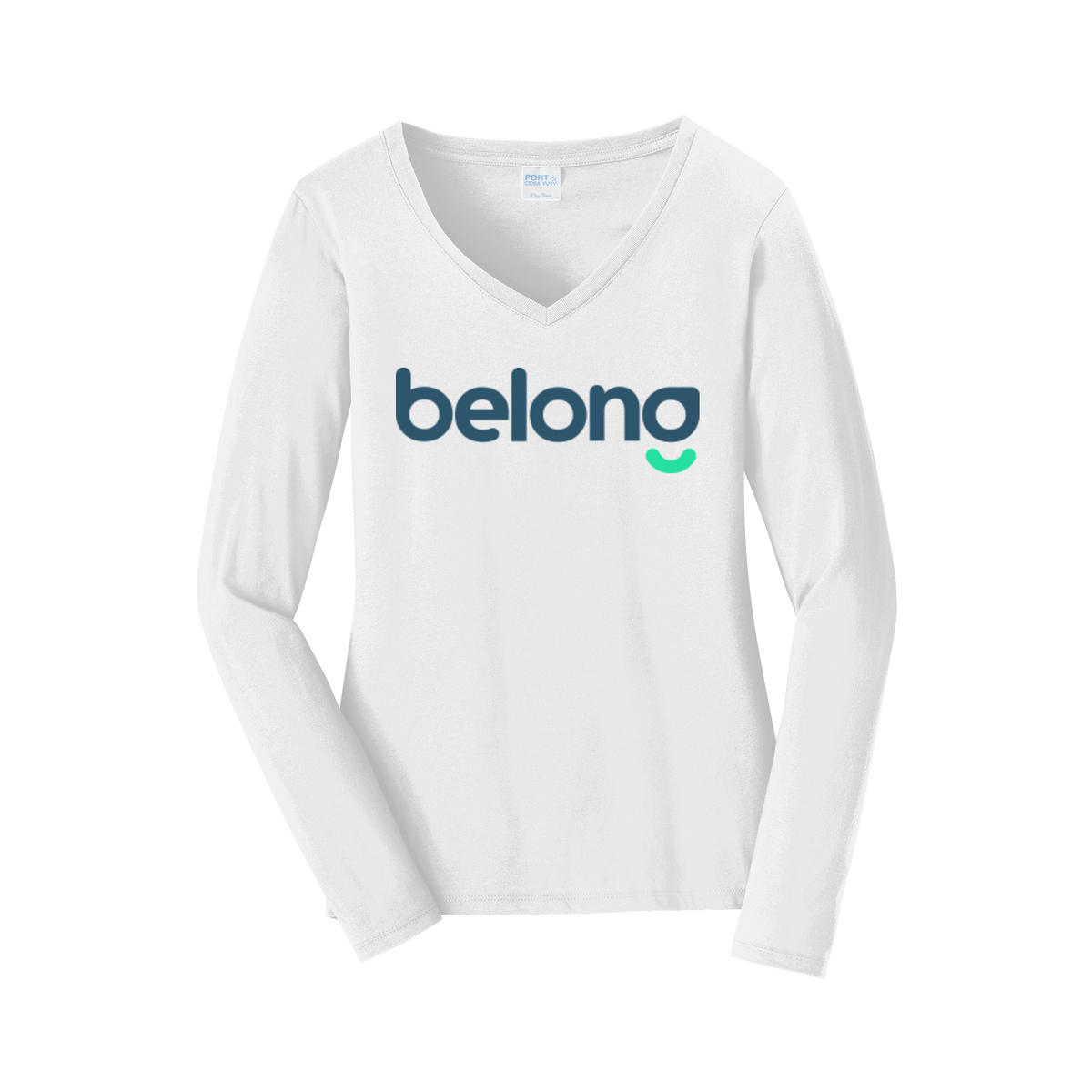 belonghome-womens-long-sleeve-v-neck-dtf-front-LPC450VLS-white-flat-front