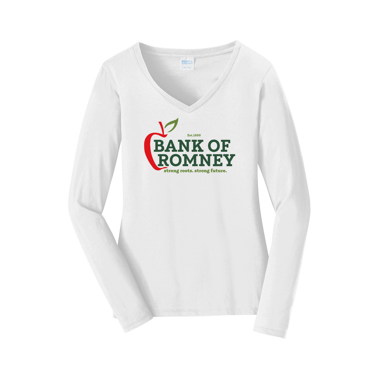 bankofromney-womens-long-sleeve-v-neck-dtf-front-LPC450VLS-white-flat-front