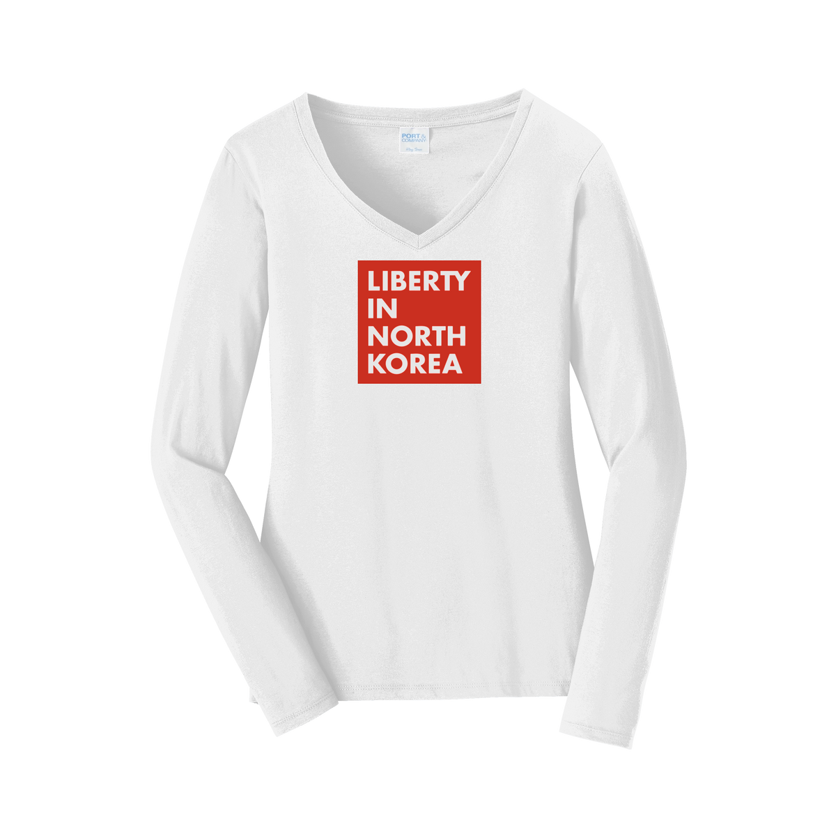 libertyinnorthkorea-womens-long-sleeve-v-neck-dtf-front-LPC450VLS-white-flat-front