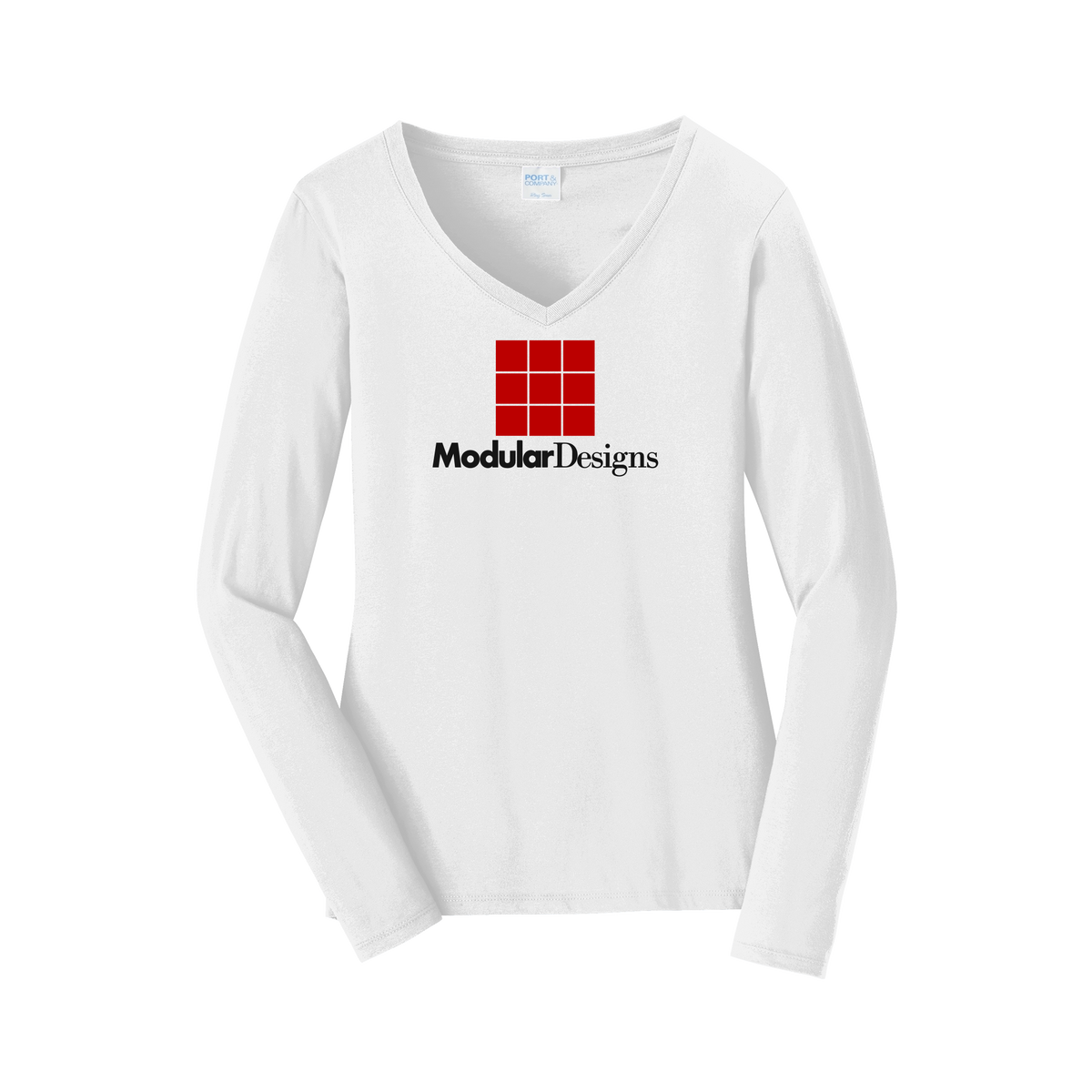 modulardesignsflooring-womens-long-sleeve-v-neck-dtf-front-LPC450VLS-white-flat-front