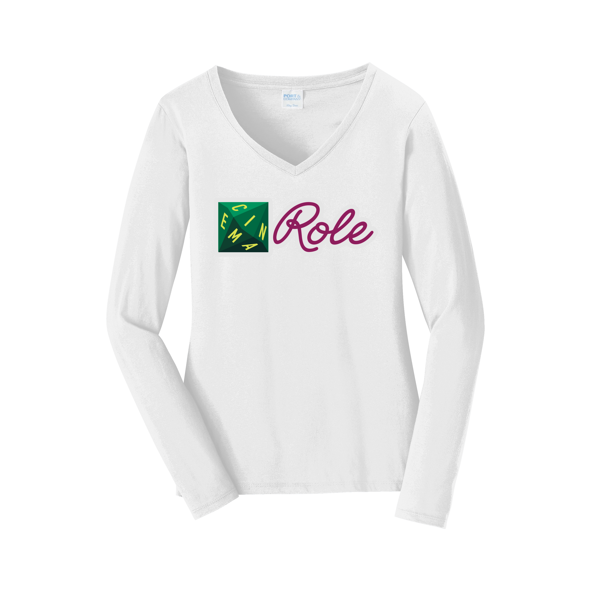 cinemarole-womens-long-sleeve-v-neck-dtf-front-LPC450VLS-white-flat-front
