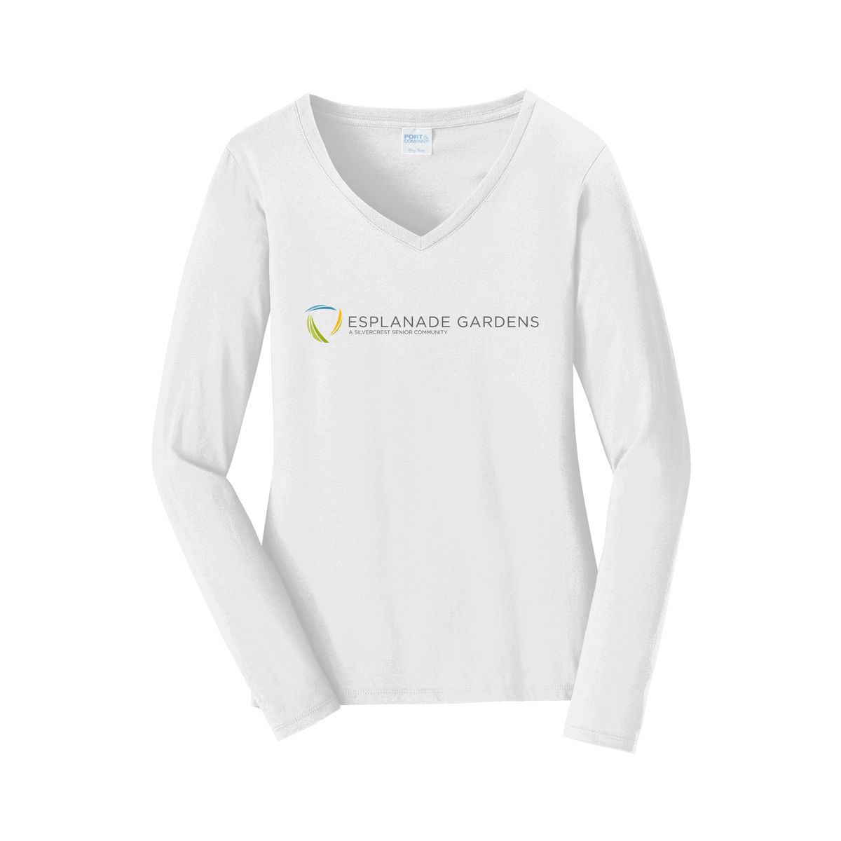 esplanadeseniorcampus-womens-long-sleeve-v-neck-dtf-front-LPC450VLS-white-flat-front
