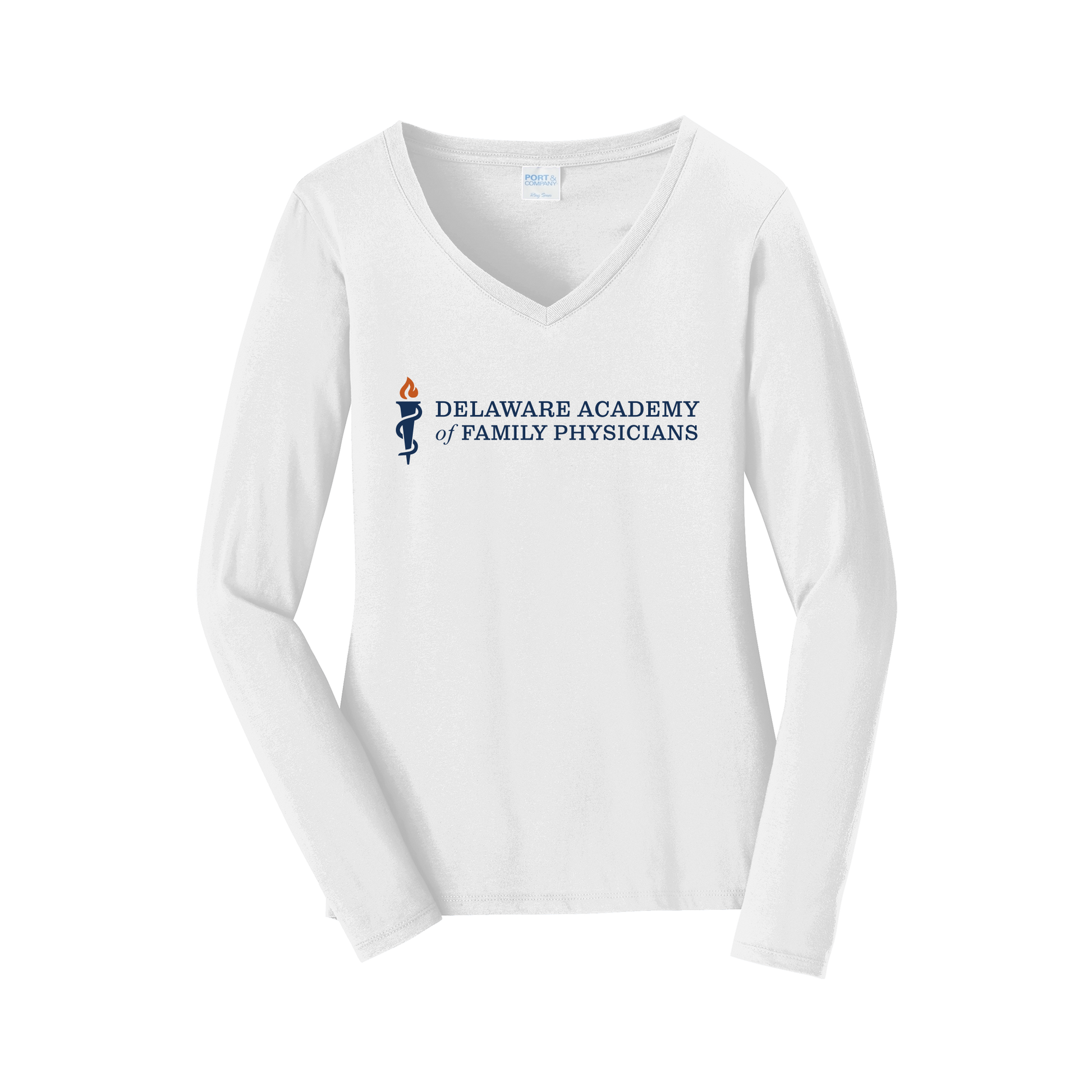 delfamdoc-womens-long-sleeve-v-neck-dtf-front-LPC450VLS-white-flat-front