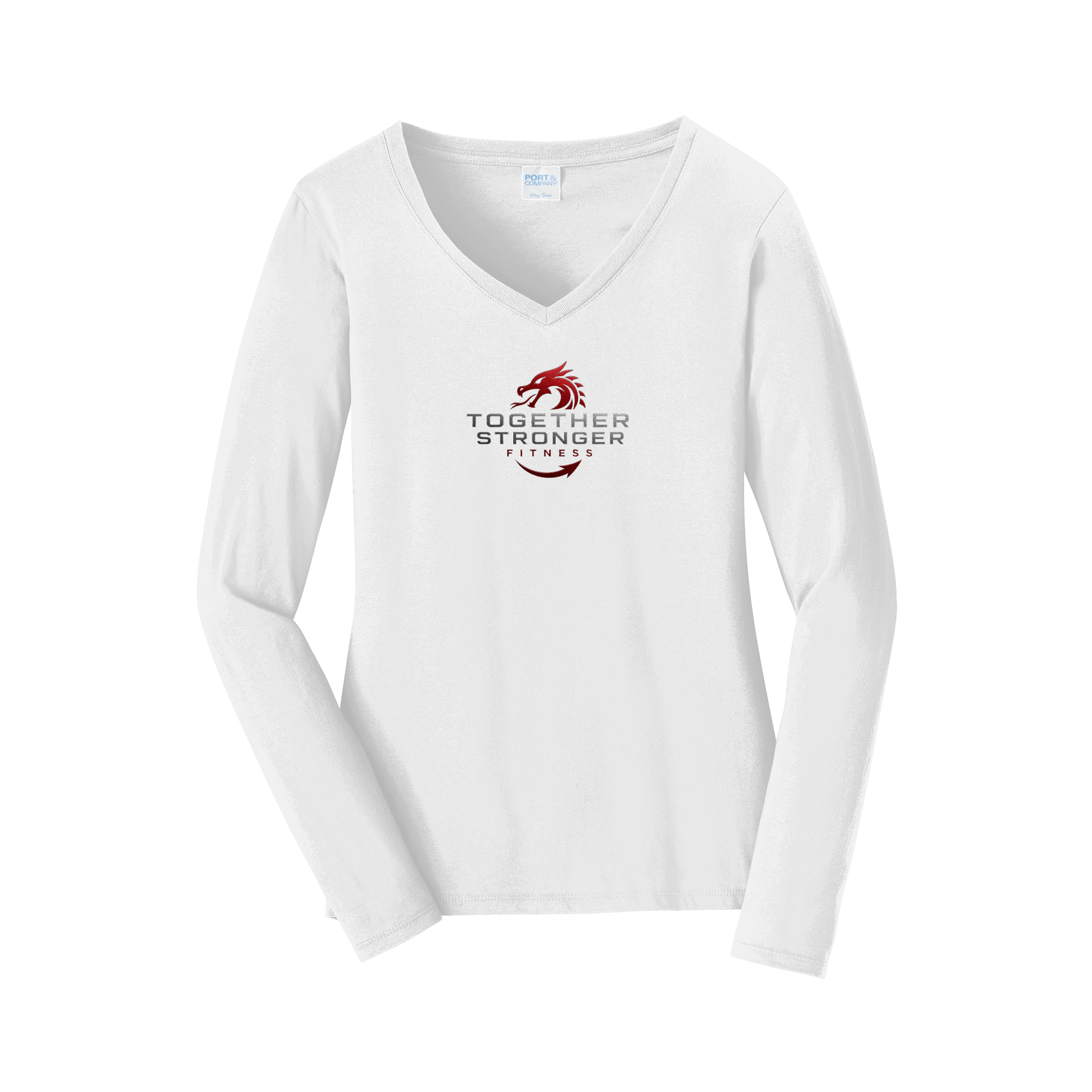 togetherstrongerfitness-womens-long-sleeve-v-neck-dtf-front-LPC450VLS-white-flat-front