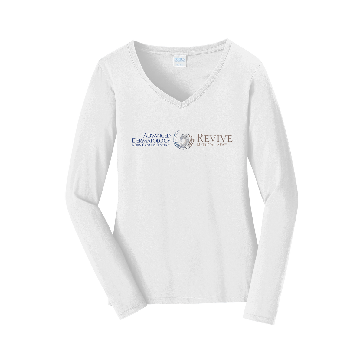 advancedskinmd-womens-long-sleeve-v-neck-dtf-front-LPC450VLS-white-flat-front