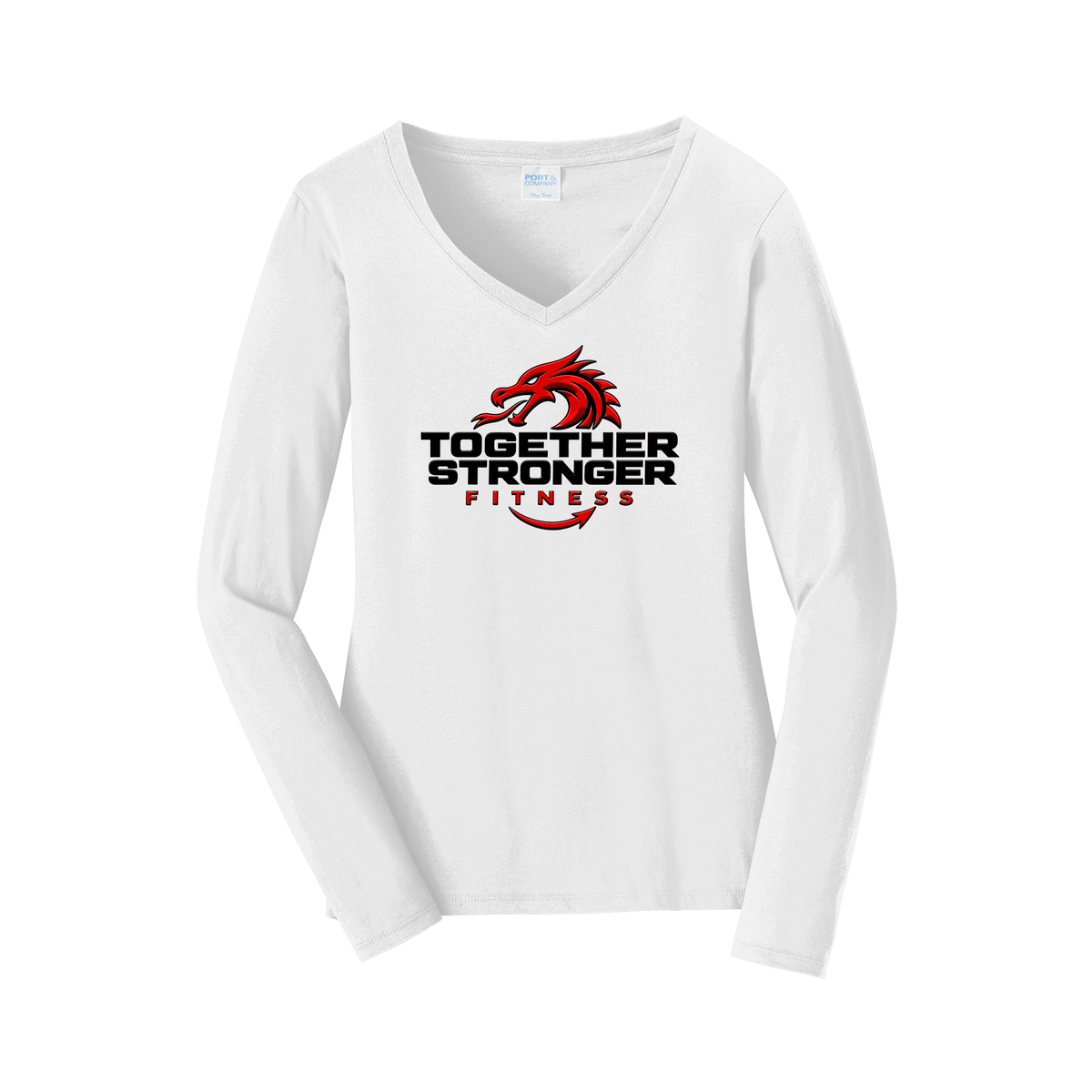 togetherstrongerfitness-womens-long-sleeve-v-neck-dtf-front-LPC450VLS-white-flat-front