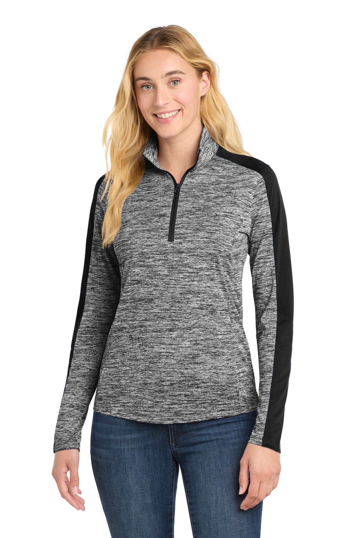 Sport-Tek® Women's PosiCharge® Electric Heather Colorblock 1/4-Zip Pullover. LST397