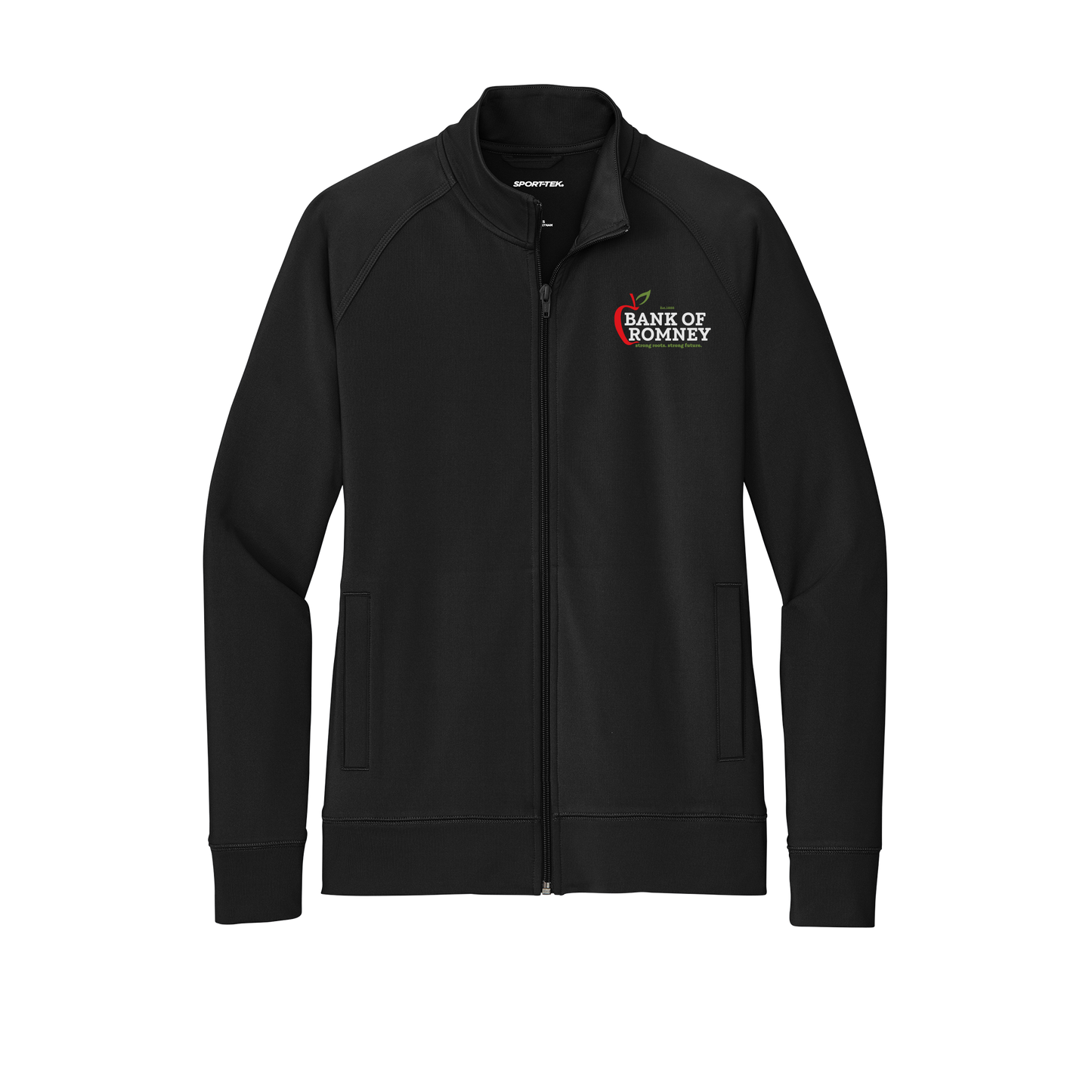 bankofromney-sport-tek-womens-cadet-jacket-embroidery-leftchest-LST857-black-flat-front