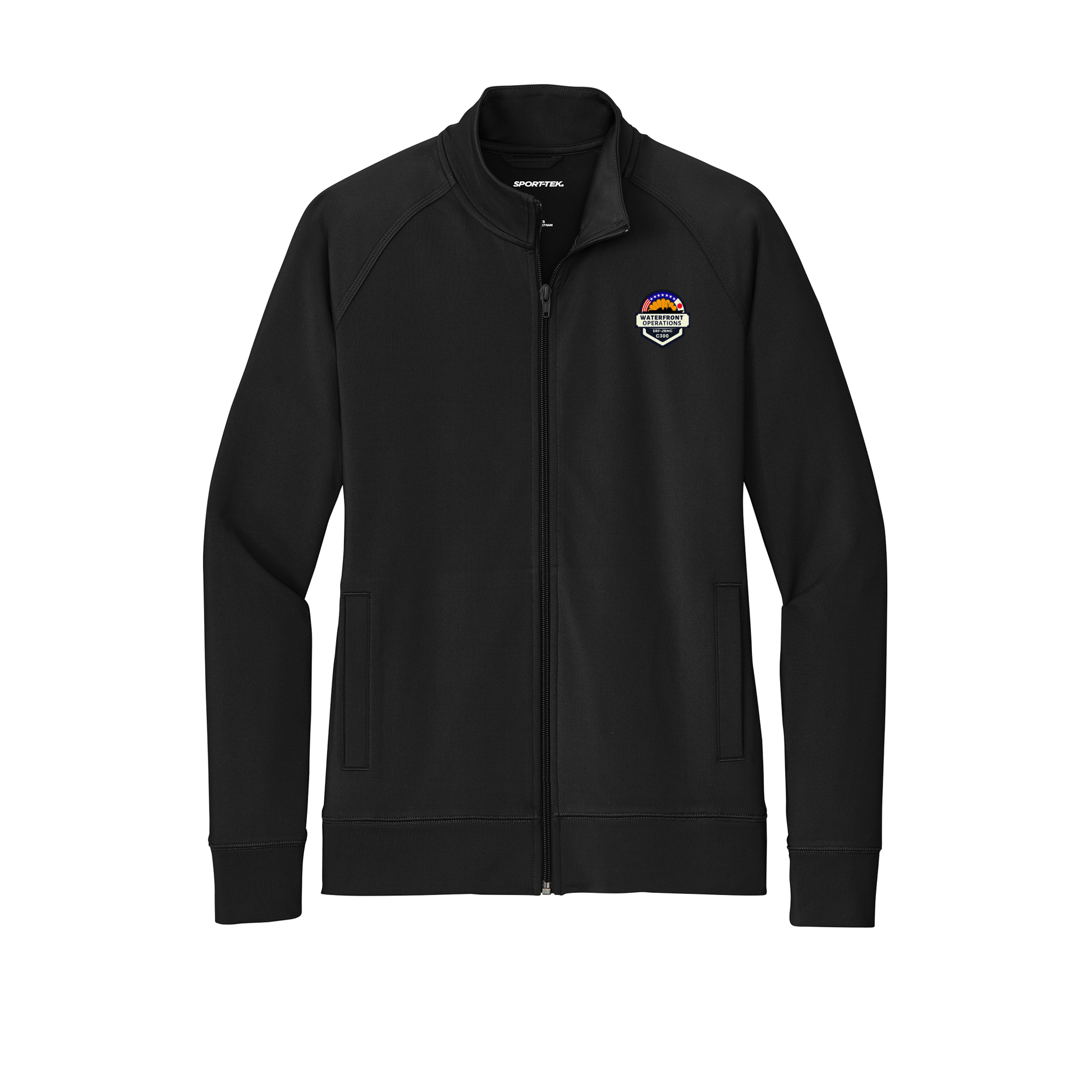 waterfront-operations-sport-tek-womens-cadet-jacket-embroidery-leftchest-LST857-black-flat-front