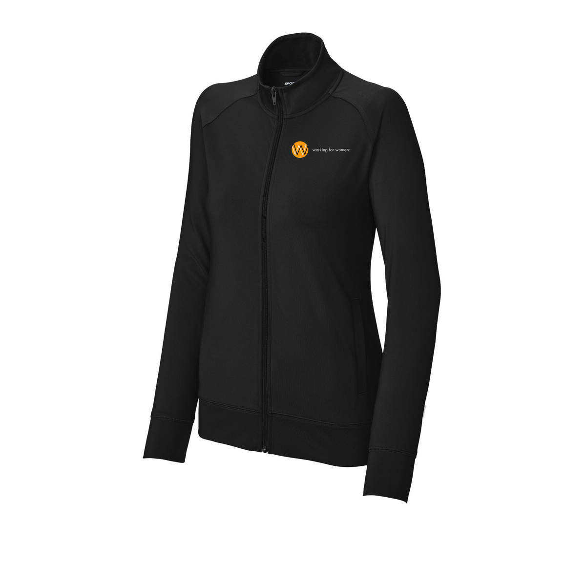 workingforwomen-sport-tek-womens-cadet-jacket-embroidery-leftchest-LST857-black-flat-front
