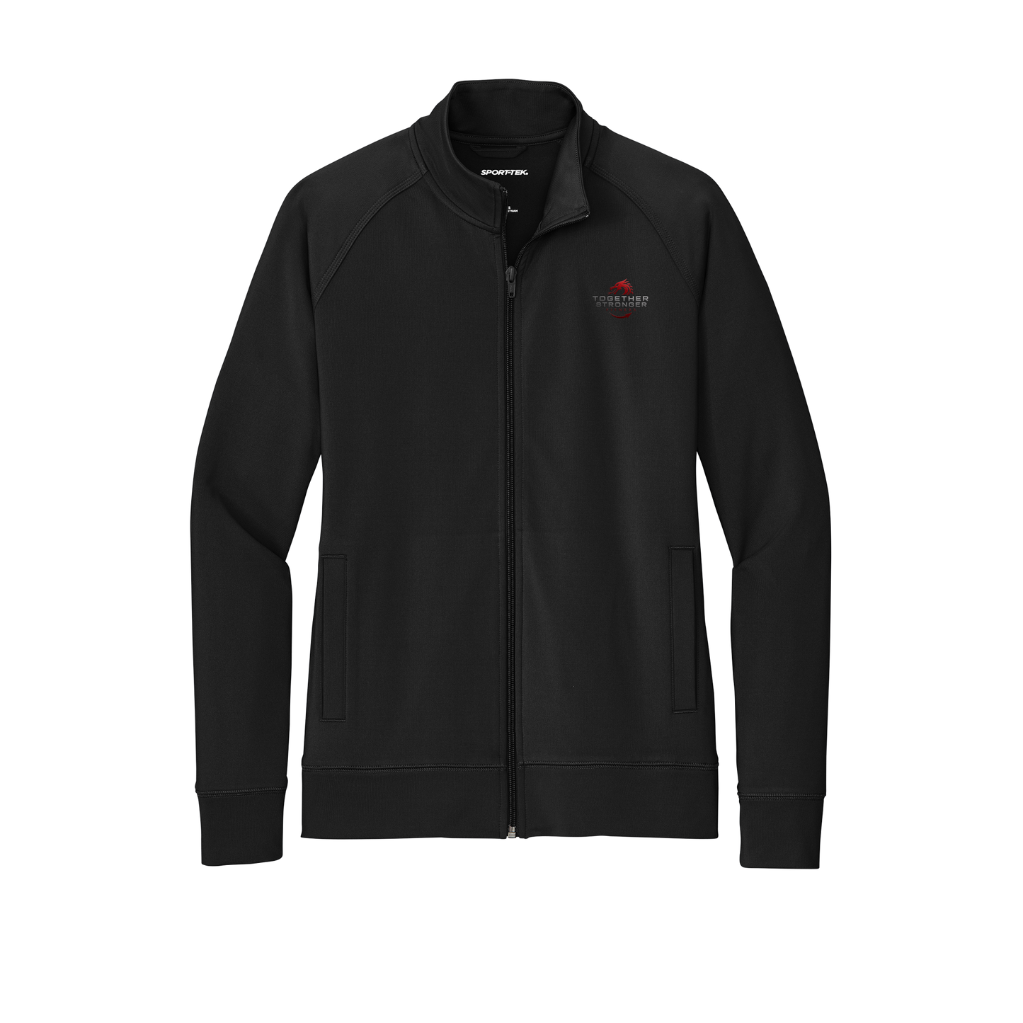 togetherstrongerfitness-sport-tek-womens-cadet-jacket-embroidery-leftchest-LST857-black-flat-front