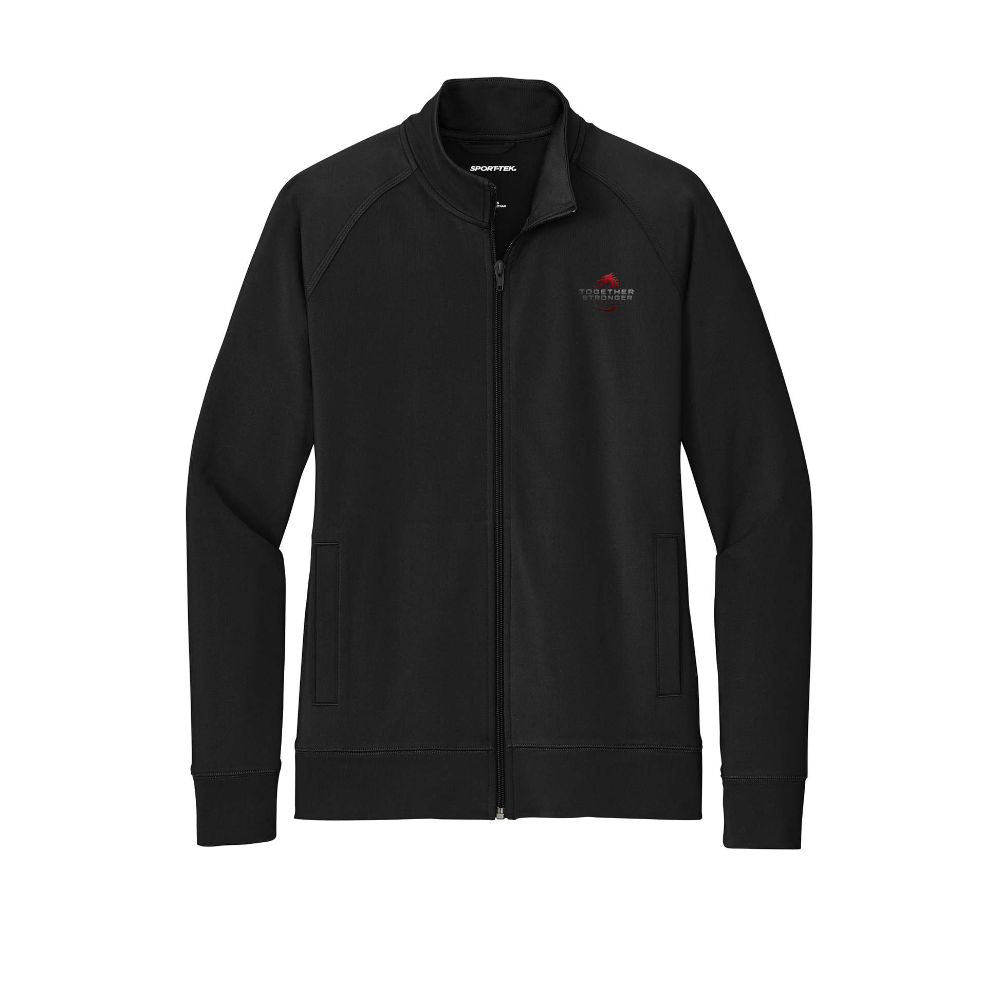 togetherstrongerfitness-sport-tek-womens-cadet-jacket-embroidery-leftchest-LST857-black-flat-front