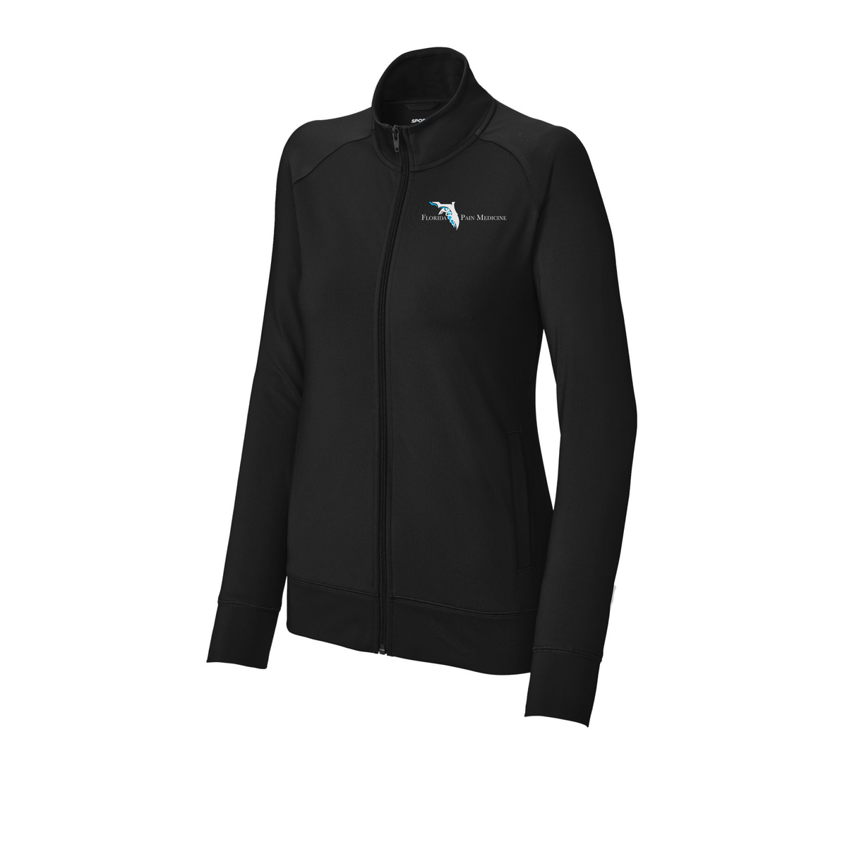 floridapainmedicine-sport-tek-womens-cadet-jacket-embroidery-leftchest-LST857-black-flat-front