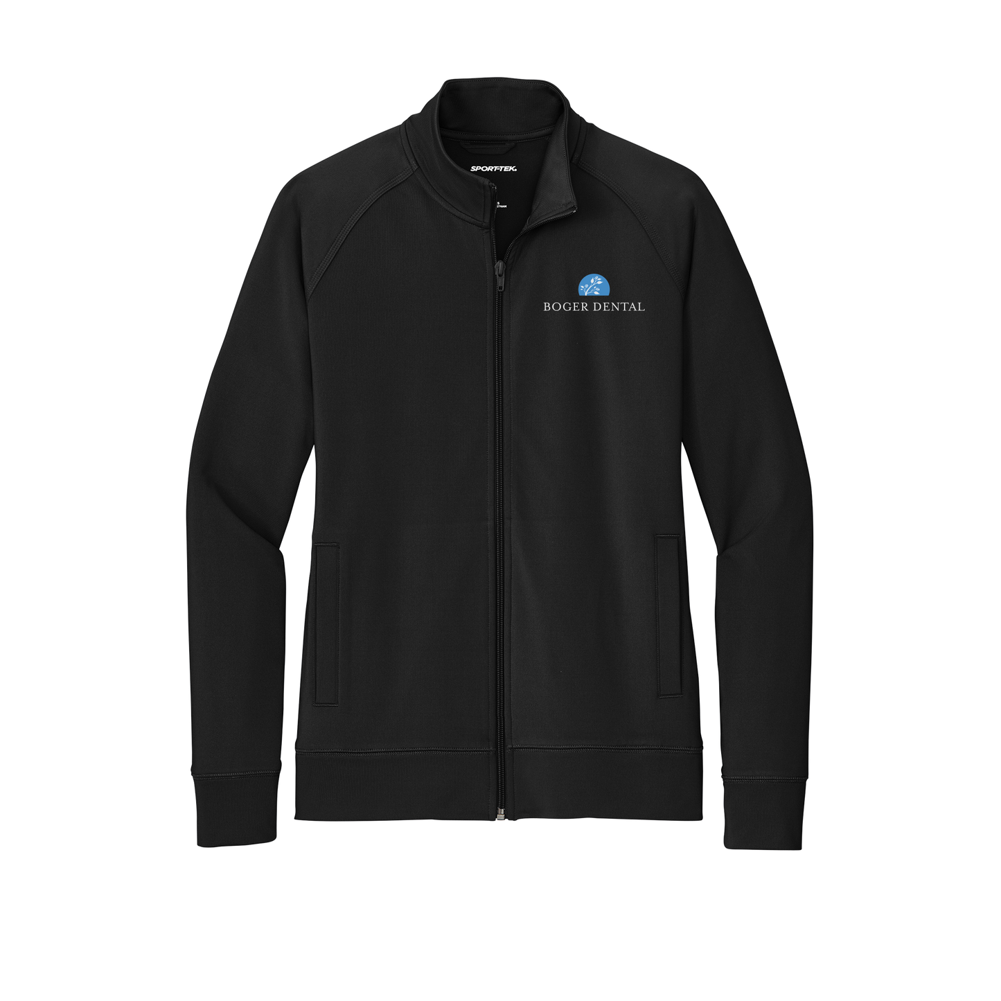 boger-dental-sport-tek-womens-cadet-jacket-embroidery-leftchest-LST857-black-flat-front