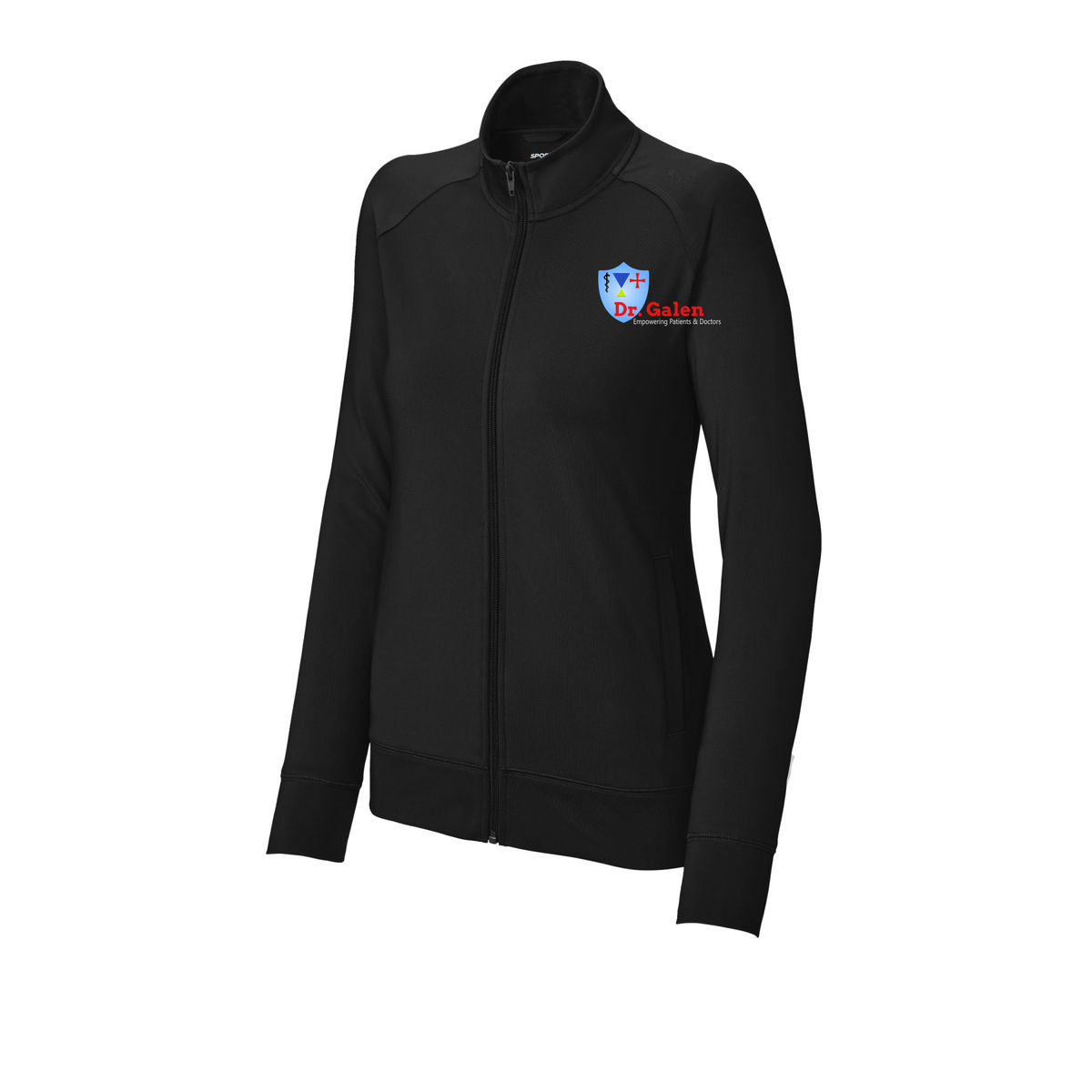 drgalen-sport-tek-womens-cadet-jacket-embroidery-leftchest-LST857-black-flat-front