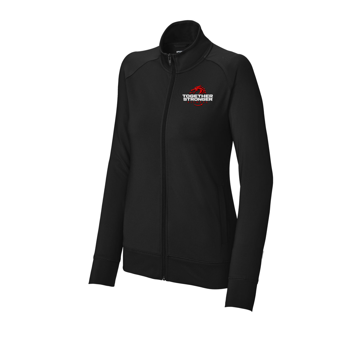 togetherstrongerfitness-sport-tek-womens-cadet-jacket-embroidery-leftchest-LST857-black-flat-front